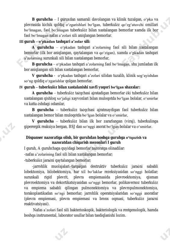 rkulѐz bilan xastalangan bemorlarni davolash, sog‘aytirish, tuberkulѐz o‘chog‘larida profilaktik va sog‘aytirish ishlarini olib borishlarini qiyinlashtiradi. so‘nggi yillarda silni kimѐviy davolashda ѐndoshish kam o‘zgardi. o‘zbekistonda jaxon sog‘likni saqlash tashkiloti (jsst) dasturi – dots faol tadbiq qilinib, u o‘z ichiga qisqa muddatli (6-8 oy) nazoratdagi davoni qamrab olgan. davolash va epidemiologik prinsiplarga asoslangan dispanser nazoratidagi guruxlarining mukammal shakli ishlab chiqilgan va ularning soni viii tadan iv taga, ya’ni 2 marta kamaytirilgan. nazoratdagining yangi guruxlar amaliy ftiziatrlarga silni diagnostikasi, davolash, reabilitatsiya va profilaktikasi masalalarini o‘z vaqtida xal etilishiga xamda nazorat guruxlaridagi bemorlar xarakatni, nazoratdan chiqarishni xozirgi zamon talablariga ko‘ra ѐndoshishga ѐrdam beradi. 1. katta ѐshdagi bemorlar dispanser sharoitida kuzatish usullari silga qarshi kurashish dispanseri nazoratida turishi lozim bo‘lgan katta ѐshdagi bemorlar quyidagi guruxlarga bo‘linadi. i guruh – nafas a’zolari faol sili: a guruhcha – tuberkulѐz kasalligi ilk bor aniqlangan, qo‘zigan ѐki qaytalangan, b guruhcha – samarasiz davolash tufayli surunkali tuberkulѐz jaraѐni bilan xastalangan …