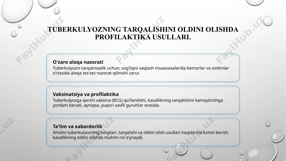 y rivoji va muhim voqealari. tarixiy asoslar o'zbekistonda tuberkulyozga qarshi kurash 20-asrning boshlarida boshlangan bo'lib, 1920-yillarda birinchi sanitariya tashkilotlari tuzildi. muhim voqealar 1960-yillarda tuberkulyozga qarshi keng qamrovli immunizatsiya dasturlari joriy qilindi, bu infeksiyaning tarqalishini sezilarli darajada kamaytirdi. zamonaviy yondashuvlar hozirgi kunda o'zbekistonda tuberkulyozga qarshi kurashda innovatsion texnologiyalar va xalqaro hamkorlik muhim o'rin egallamoqda, bu esa samaradorlikni oshiradi. sog'liqni saqlash tizimida tuberkulyozga qarshi kurashning zamonaviy usullari. sog'liqni saqlash tizimida tuberkulyozga qarshi kurashning zamonaviy usullari, kasallik tarqalishini oldini olish uchun innovatsion yondashuvlarni o'z ichiga oladi. jumladan: - tezkor diagnostika usullari; - vaksinatsiya va profilaktika dasturlari; - kasallarning davolanishida zamonaviy dori vositalari. bu usullar o'zbekistonda va global miqyosda tuberkulyozga qarshi kurashda muhim ahamiyatga ega. o'zbekistonda tuberkulyozning oldini olish bo'yicha xalqaro tajribalar. xalqaro tajribalar innovatsion yondashuvlar jamiyat ishtiroki o'zbekistonda tuberkulyozni oldini olish uchun xalqaro tajribalar, masalan, sog'liqni saqlash tashkilotining strategiyalari va xalqaro hamkorliklar o'rganilmoqda. tuberkulyozga qarshi innovatsion yondashuvlar, masalan, vaktsinatsiya va tezkor diagnostika usullari, …