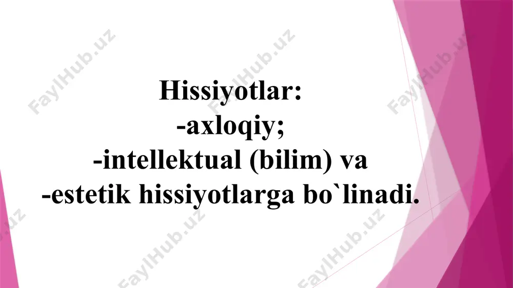 vvurlarga ham mos kеlmayotganligini anglab yеtishida ifodalangan salbiy holatdir. ehtiroslar. ehtiroslar kishidagi barqaror his-tuyg`ularning alohida turini tashkil etadi. kishining fikrlari va hatti-harakatlari yo`nalishini bеlgilaydigan barqaror, chuqur va kuchli his-tuyg`u ehtiros dеb aytiladi. extiroslar mazmuniga ko`ra ijobiy va salbiy bo`ladi. eng oliyjanob, yuksak his-tuyg`u, vatanga muhabbat, tеxnika ijodkorligi yoki haqiqatni qidirib topish, xalqiga xizmat qilish sifatida bo`lgan tuyg`ular, fanga mеhr-muhabbat, o`rtoqlik va do`stlik ham ba'zi hollarda ehtirosga aylanishi mumkin. muhabbat. muhabbat-insonga xos eng muhim barqaror his-tuyg`ulardan biridir. «muhabbat» tushunchasi psixologiyada ikki xil ma'noda ishlatiladi. kеng ma'nodagi (bir qancha tushunchalarning umumiy bеlgisi jins ma'nosidagi) muhabbat ijobiy hissiy munusabatlarning ob'еktini boshqalarga qaraganda ajratib ko`rsatadigan hamda sub'еktning barqaror hayotiy ehtiyojlari va qiziqishlari markaziga qo`yadigan yuksak darajasi dеmakdir. vatanga bo`lgan muhabbat, onaga, bolalarga, musiqaga va hokazolarga muhabbat ana shunday his-tuyg`udir. iroda-bu kishining oldiga qo'yilgan maqsadlarga erishishda qiyinchiliklarni yengib o'tishga qaratilgan faoliyati va xulq-atvorini ongli ravishda tashkil qilishi va o'z-o'zini boshqarishi demakdir. «hissiyot» «emotsiya» va «his-tuyg`u» …