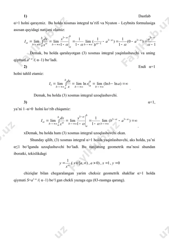 qaraymiz. 1) dastlab 0 1 holni qaraymiz: . demak, bu holda ham (9) ii tur xosmas integral uzoqlashuvchi bo‘ladi. shunday qilib, (9) xosmas integral 0 0, y=0 chiziqlar bilan chegaralangan cheksiz geometrik shaklning s yuzasi 0 ¥ î = y x a a x x y a 1 1 - = - a a a s 1 , 1 > = a a x y ò +¥ a dx x g ) ( ò +¥ a dx x f ) ( ò ò +¥ +¥ £ a a dx x g dx x f ) ( ) ( , ) ( , ) ( ) ( ) ( ò ò ò +¥ = £ £ = a b a b a dx x g g g dx x g dx x f b f ò ò +¥ +¥ ® +¥ = £ = a b a dx x g g …