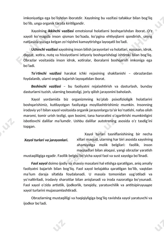 hda ulardan foydalanish imkoniyatiga ega bo‘lishdan iboratdir. xayolning bu vazifasi tafakkur bilan bog‘liq bo‘lib, unga organik tarzda kiritilgandir. xayolning ikkinchi vazifasi emotsional holatlarni boshqarishdan iborat. o‘z xayoli ko‘magida inson qisman bo‘lsada, ko‘pgina ehtiyojlarni qondirish, uning natijasida yuzaga kelgan zo‘riqishni kamaytirishga layoqatli bo‘ladi. uchinchi vazifasi xayolning inson bilish jarayonlari va holatlari, xususan, idrok, diqqat, xotira, nutq va hissiyotlarni ixtiyoriy boshqarishdagi ishtiroki bilan bog‘liq. obrazlar vositasida inson idrok, xotiralar, iboralarni boshqarish imkoniga ega bo‘ladi. to‘rtinchi vazifasi harakat ichki rejasining shakllanishi – obrazlardan foydalanib, ularni ongda bajarish layoqatidan iborat. beshinchi vazifasi – bu faoliyatni rejalashtirish va dasturlash, bunday dasturlarni tuzish, ularning bexatoligi, joriy qilish jarayonini baholash. xayol yordamida biz organizmning ko‘plab psixofizioligik holatlarini boshqarishimiz, kutilayotgan faoliyatga moyillashtirishimiz mumkin. insonning irodaviy yo‘l bilan xayol vositasida organik jarayonlarga ta’sir ko‘rsatishi, nafas olish maromi, tomir urish tezligi, qon bosimi, tana haroratini o‘zgartirishi mumkinligini isbotlovchi dalillar ma’lumdir. ushbu dalillar autotrening asosida o‘z tasdig‘ini topgan. xayol turlari tasniflanishining …