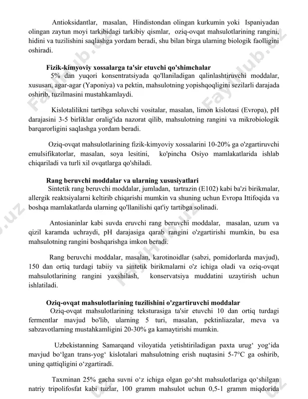 lishini saqlashga yordam beradi, shu bilan birga ularning biologik faolligini oshiradi. fizik-kimyoviy xossalarga ta'sir etuvchi qo'shimchalar 5% dan yuqori konsentratsiyada qo'llaniladigan qalinlashtiruvchi moddalar, xususan, agar-agar (yaponiya) va pektin, mahsulotning yopishqoqligini sezilarli darajada oshirib, tuzilmasini mustahkamlaydi. kislotalilikni tartibga soluvchi vositalar, masalan, limon kislotasi (evropa), ph darajasini 3-5 birliklar oralig'ida nazorat qilib, mahsulotning rangini va mikrobiologik barqarorligini saqlashga yordam beradi. oziq-ovqat mahsulotlarining fizik-kimyoviy xossalarini 10-20% ga o'zgartiruvchi emulsifikatorlar, masalan, soya lesitini, ko'pincha osiyo mamlakatlarida ishlab chiqariladi va turli xil ovqatlarga qo'shiladi. rang beruvchi moddalar va ularning xususiyatlari sintetik rang beruvchi moddalar, jumladan, tartrazin (e102) kabi ba'zi birikmalar, allergik reaktsiyalarni keltirib chiqarishi mumkin va shuning uchun evropa ittifoqida va boshqa mamlakatlarda ularning qo'llanilishi qat'iy tartibga solinadi. antosianinlar kabi suvda eruvchi rang beruvchi moddalar, masalan, uzum va qizil karamda uchraydi, ph darajasiga qarab rangini o'zgartirishi mumkin, bu esa mahsulotning rangini boshqarishga imkon beradi. rang beruvchi moddalar, masalan, karotinoidlar (sabzi, pomidorlarda mavjud), 150 dan ortiq …