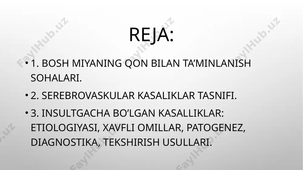 olaminlarning ajralib chiqishi aqb ning keskin ko‘tarilishi, arteriyalar spazmi va koagulopatiyalarga sababchi bo‘ladi. bu patologik jarayonlar doimiy ravishda davom etsa, as rivojlanishi tezlashadi. shuningdek, o‘tkir psixoemotsional zo‘riqishlar paytida qonda qand miqdori oshadi va insult rivojlanishida alohida o‘rin tutuvchi qd rivojlanishiga mezon yaratiladi. ba’zida qd o‘tkir psixoemotsional stressdan so‘ng darrov rivojlanadi. qandli diabet qandli diabet ham o‘ta xatarli omillardan biri sanaladi. insult rivojlanishida qd ning nisbiy xavf darajasi 1,5-3 ga teng. qd ateroskleroz rivojlanishini jadallashtiradi, ag rivojlanish xavfini oshiradi. shuningdek, diabetik serebral mikroangiopatiya bosh miyada qon aylanishining surunkali buzilishlarini yuzaga keltiradi va ishemik insult rivojlanishiga mezon yaratadi. qondagi qand miqdori 6,6 mmol/ldan oshgan sayin insult rivojlanish xavfi yuqori bo‘ladi. framingem tadqiqot markazi ma’lumotlariga ko‘ra, qd bilan kasallanganlarda ishemik insult 2-4 barobar ko‘p kuzatiladi. uyqu arteriyasi stenozi uyqu arteriyalari stenozi tia va ishemik insult rivojlanishida yetakchi xatarli omillardan hisoblanadi. uyqu arteriyalari simptomli stenozida 2 yil mobaynida insult rivojlanish xavfi 26 % ga …