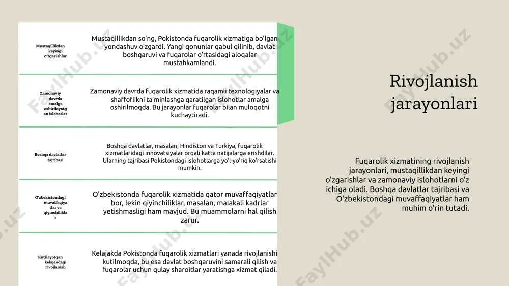 xodimlarning yo'qligi, xizmatlarning samaradorligini pasaytiradi va muammolarni hal qilishda qiyinchiliklarni keltirib chiqaradi. natijada, fuqarolar o'z ehtiyojlariga javob ololmaydilar, bu esa davlat xizmatlariga nisbatan salbiy munosabatni rivojlantiradi. muammo 2 muammo 2 sifatida korrupsiya ko'rsatkichlarini keltirish mumkin. korrupsiya davlat apparatining samaradorligini pasaytiradi va fuqarolarni adolatsizlikka olib keladi. bu holat, iqtisodiy o'sishiga salbiy ta'sir ko'rsatib, xalqning farovonligini pasaytiradi. korrupsiya bilan kurashish uchun zarur choralar ko'rilmasa, bu muammo yanada chuqurlashadi. muammo 3 muammo 3 - bu qattiq byurokratiya. byurokratik to'siqlar, fuqarolar uchun davlat xizmatlariga kirishni qiyinlashtiradi. bu holat, davlat xizmatlarining ko'rsatilishida kechikishlarga olib keladi va fuqarolarning qoniqish darajasini pasaytiradi. shuningdek, byurokratiya muammolarini hal qilishda tezkorlikni cheklaydi va muammolarni hal qilish jarayonini murakkablashtiradi. muammo 4 muammo 4 - texnologiyalarni yetarlicha joriy etmaslik. zamonaviy texnologiyalarni qo'llamaslik, davlat xizmatlarining samaradorligini pasaytiradi. bu holat, fuqarolarga xizmat ko'rsatishda qiyinchiliklarni keltirib chiqaradi va jarayonlarni sekinlashtiradi. texnologiyalardan foydalanish imkoniyati cheklanganligi sababli, xizmatlar sifatida shaffoflik va samaradorlik pasayadi. muammo 5 muammo 5 …