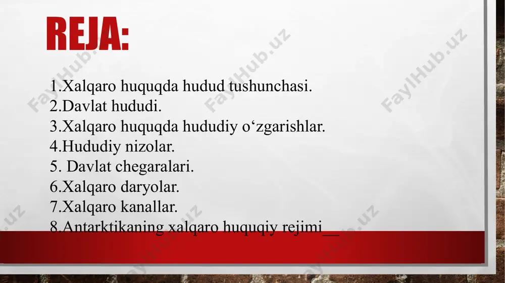 kiradi. undan tashqari, xalqaro shartnomalarga binoan xalqaro rejim alohida maxsus . hududlarga nisbatan qo‘llanishi mumkin, masalan, neytrallashtirilgan, demilitaritsiyalashtirilgan hududlar. maxsus .xalqaro rejimli hudud deb 1959-yilgi shartnomaga binoan antarktika hududi e ’lon qilindi. aralash rejimli hudud milliy va xalqaro rejimga ega bo‘lgan hududlar hisoblanadi.______ •aralash rejimli hududga dunyo okeanining quyidagi kengliklari kiradi: dengiz iqtisodiy zonalari, kontinental shelf hamda hududiy dengizga tutash zonalar. ushbu hududlarning o ‘ziga xosligi shundan iboratki, ular tutash davlatlaming suvereniteti ostiga va davlat hududi tarkibiga kirmaydi. lekin xalqaro huquqqa muvofiq, qirg‘oqbo‘yi davlatlar ushbu hududlarni tabiiy zaxiralarini qazib olish va foydalanish. ishlab chiqish va saqlashga nisbatan suveren huquq, shuningdek ushbu hududlarning atrof-muhitini himoya qilish huquqiga ega. mazkur normalar kontinental shelf to ‘g ‘risidagi 1958-yilgi jeneva konvensiyasi va 1982-yilgi dengiz huquqi bo‘yicha konvensiyada belgilangan. kontinental shelf - bu dengizbo‘yi quruqlik qirg‘og‘ini suv ostidagi tabiiy davomidir.______________ uning kengligi 200-350 dengiz milyasiga teng bo'lishi mumkin. agar kontinental shelfda dengiz milyasining kengligi 200 …
