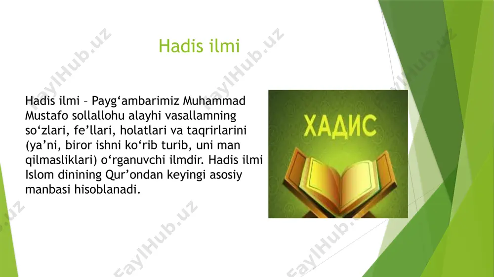 slarni to‘plashga bag‘ishlagan. u 600 mingga yaqin hadis yod olgan va ulardan eng sahih (ishonchli) bo‘lganlarini tanlab olgan. • “al-jome’ as-sahih”: imom buxoriyning eng mashhur asari “al-jome’ as-sahih” bo‘lib, u islom olamida qur’ondan keyingi eng ishonchli kitob hisoblanadi. bu to‘plam 7275 ta hadisni o‘z ichiga oladi va islom huquqi, axloqi, ibodati va boshqa masalalarga oid ko‘plab ma’lumotlarni qamrab oladi. • vafoti: umrining oxirida imom buxoriy buxoroga qaytib kelgan, lekin u yerda uzoq qolmagan. u samarqand yaqinidagi xartang qishlog‘iga borgan va 870-yilda vafot etgan. boshqa asarlari: “al-adab al-mufrad” (“adabiyot durdonalari”), “at-tarix al-kabir” (“katta tarix”), “at-tarix as-sag‘ir” (“kichik tarix”), “kitob ad-du’a” (“duolar kitobi”) va boshqa ko‘plab asarlari mavjud. imom buxoriy nafaqat buyuk muhaddis, balki o‘z davrining eng bilimdon olimlaridan biri bo‘lgan. uning ilmiy merosi asrlar davomida musulmonlar uchun nur taratib kelmoqda. imom buxoriyning pedagogik g‘oyalari: • ilm olishga da’vat: imom buxoriy o‘z hadislarida ilm olishga, bilim o‘rganishga va o‘z ustida ishlashga chaqirgan. …