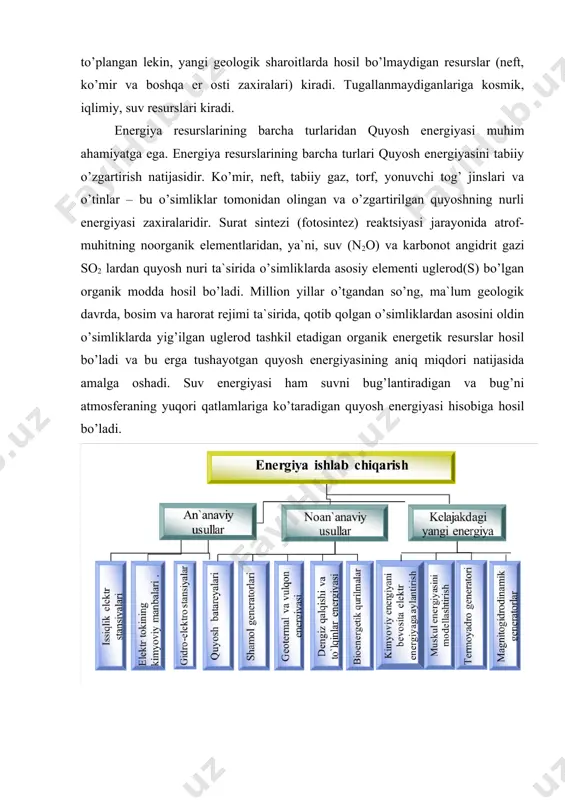 ergiyaga birlamchi energiya deyiladi. birlamchi energiyani maxsus qurilmalarda-stansiyalarda insoniyat tomonidan qaytadan hosil qilinadigan energiyaga (bug’ energiyasi, issiq suv energiyasi va hokazo) ikkilamchi energiya deyiladi. birlamchi energiyani qay usulda qayta hosil qilinishiga qarab stansiya shunday nomlanadi. masalan, issiqlik elektr stansiyasi (qisqacha ies) issiqlik energiyasini (birlamchi) elektr energiyaga (ikkilamchi) aylantirib beradi, gidroelektr stansiyada (ges) - suv energiyasini elektr energiyaga, atom elektr stansiyasida (aes) - atom energiyasini elektr energiyasiga aylantirib beradi, undan tashqari to’lqin energiyasini elektr energiyasiga aylantirib beruvchi to’lqin elektr stansiyasi va boshqa stansiyalar mavjud. energiyani kerakli turda olish va iste’molchilarni ta’minlash energetik ishlabchiqarish jarayonida kechadi va u besh bosqichdan iborat. 1. energetika zahiralarini olish va to’plash: yoqilg’ini qazib olish va boyitish, gidrotexnik qurilmalar yordamida bosimni to’plash va hakazo. 2. energiyani qayta hosil qiluvchi qurilmalarga energetik zahirani keltirish. 3. taqsimlash va iste’mol uchun eng qulay bo’lgan usulda, birlamchi energiyadan ikkilamchi energiya hosil qilish (asosan issiqlik va elektr energiyasi). 4. qayta hosil qilingan …