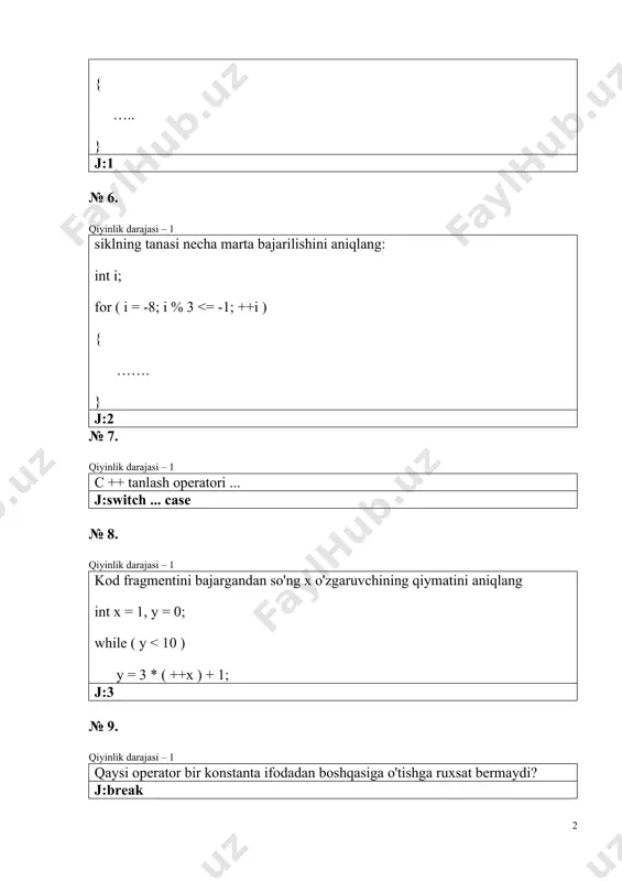 qiyinlik darajasi – 1 c++ da setw() funksiyasi qaysi kutubxonada joylashgan? j:iomanip № 59. qiyinlik darajasi – 1 kod fragmentini bajargandan so'ng x o'zgaruvchining qiymatini aniqlang: int x=1, y=0; while ( y a[i])) imin=i; } if (imin==-1) cout > a >> b; c = a * b; while(a != b){ if(a > b) a -= b; else b -= a; } c /= a; cout > n; for(int i = 2; i * i > a >> b; c = a * b; while(a != b){ if(a > b) a -= b; else b -= a; } c /= a; cout 0) { s*=n; n-=2;} j:15 № 93. qiyinlik darajasi – 2 dasturning bajarilishi natijasida ekranda qanday qiymat ko'rsatiladi? string s="shkoli", s1="_deti", s3="student"; s.swap(s1); s.erase(0,4); s1.assign(s); cout max) max=a[i]; } cout using namespace std; int phi (int n) { int result = n; for (int i=2; i*i 1) result -= …