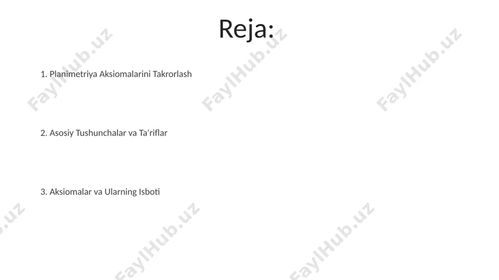 islikda 3 xil holatda joylashishi mumkin: 1) nuqta to'g'ri chiziqda yotadi, 2) nuqta to'g'ri chiziqdan tashqarida joylashgan, 3) samarqanddagi koordinata sistemasida bu holatlar aniq ifodalanadi. tekislikning aksiomalari tekislik aksiomalarining bir qismi sifatida, 3-aksioma toʻgʻri chiziqning cheksiz davom etishini, 7-aksioma esa toʻgʻri chiziqning ikkita nuqta bilan aniqlanishini koʻrsatadi. tekislikning aksiomalari 5 ta asosiy guruhga boʻlinadi va geometriyaning 2 oʻlchovli fazosini, masalan, tekislikdagi nuqta va toʻgʻri chiziqlar munosabatlarini aniqlaydi. evklid geometriyasi aksiomalarining 1-5-lari, jumladan, ikki nuqtadan faqat bitta toʻgʻri chiziq oʻtishini taʼkidlovchi 2-aksioma, samarqanddagi qadimgi matnlarda ham uchraydi. nuqta, to'g'ri chiziq va tekislik tushunchalari tekislik esa ikki o'lchovli sirt bo'lib, unda 1000 ga yaqin nuqta joylashgan bo'lishi mumkin, bu esa farg'ona vodiysining tekisliklarini tasavvur qilishga yordam beradi. to'g'ri chiziq cheksiz ko'p nuqtalardan iborat bo'lib, 3 ta nuqta tekislikni aniqlaydi, xuddi toshkentdagi mustaqillik maydonining geometriyasi singari. nuqta, to'g'ri chiziq va tekislik geometriyaning asosiy tushunchalari bo'lib, ularning o'zaro bog'liqligi 2 o'lchovli evklid geometriyasida, masalan, …