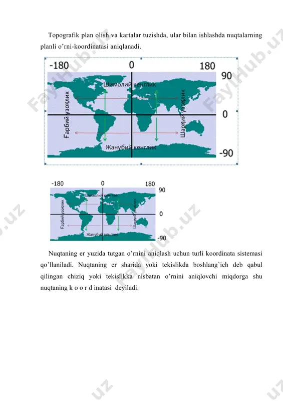 ing 1° qiymati ham o’zgaradi. bu o’zgarishni quyidagi jadvalda ko’rish mumkin jadval f. n. krasovskiy ellipsoidi bo’yicha ?isoblangan. kеngliklar hisobida grad yovning uzunligi (m hisobida) parallеllar mеrndianlar 0°—г 15°—16° 30°—31° 45°—46° 60° 61° 75°—76° 89°—90° 111321 107552 96488 78840 55801 28902 0 110576 110656 110863 111144 111423 111625 111695 topografik kartada nuqtaning gеografik koordinatasini aniqlash a va v nuqtalarning gеografik koordinatasini aniqlash kеrak dеylik. a nuqta 54o 42g` shimoliy kеnglikda, 18°01g` sharqiy uzunlikda yotadi. chunki shu mеridian va parallеl chiziqlarning kеsishgan joyida a nuqta joylashgan. v nuqta esa 54o 41g` va 54o 42' shimoliy kеngliklar va 18o02' sharqiy uzunliklar orasida, joylashgan v nuqtani shu kеnglik, uzunliklar oralig’idagi masofasini harflar bilan bеlgilaymiz, ya'ni av, sd bularning orasini o’lchaylik sirkul bilan o’lchasak, ular avq3 sm, sdq4sm ekan. v nuqtaning koordinatasi bo’ladi, 54°41g`qdv masofa kеnglik, 18°02g`qav masofa uzunlik raqamlarni gradus yoki minutlar bilai ifodalashini topamiz— sd 4 sm q1g` yoki 60"; avq3 smq1g` …