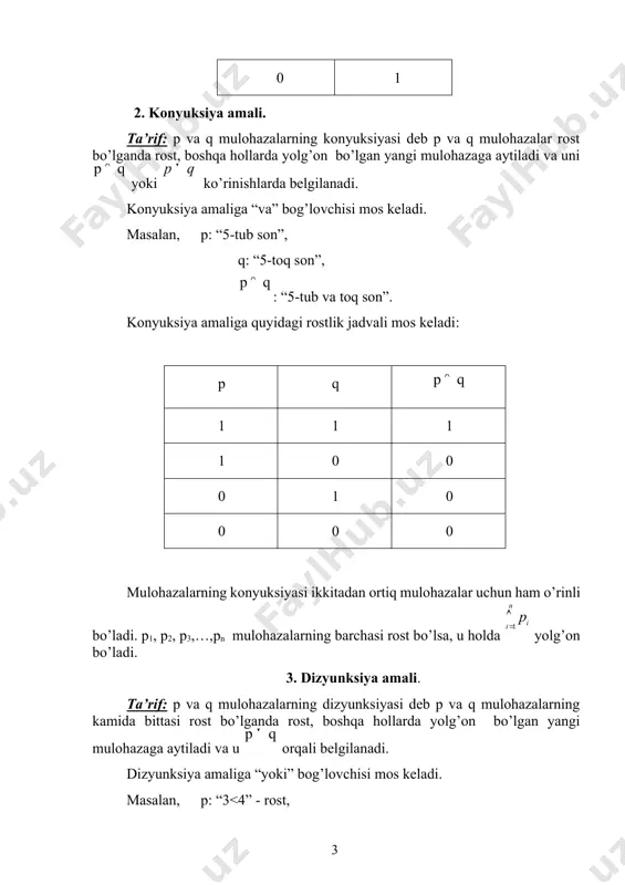 l algebra mulohazalar algebrasi deb yuritiladi. tarif: 1. p, q, r,... lar mulohazalar algebrasining formulalaridir. 2. agar p va q lar mulohazalar algebrasining formulalari bo’lsa, u holda ┐p, pq, pq, p=>q, pq ham formula bo’ladi. 3. mulohazalar algebrasidagi formulalar faqat 1-va 2-formulalar yordamida tuziladi. ko’p hollarda 2. yordamida aniqlangan formulalar murakkab formulalar deb yuritiladi. murakkab formulaga argumentlari rost yoki yolg’on qiymatni qabul qiluvchi funktsiya deb qarash mumkin. ta’rif: xi, argumentlarning har bir qabul qilishi mumkin bo’lgan barcha 1 va 0 qiymatlar tizimida a(x1, x2,…,xn) formulani ifodalovchi mantiqiy funktsiya rost (yolg’on) qiymatga erishsa, u holda bu formula aynan rost (yolg’on) formula deyiladi. misol: a b 1 1 1 1 1 0 1 1 0 0 1 0 0 1 1 agar a(x1, x2, …, xn) formulada n ta elementar mulohaza bo’lsa, u holda bu formulaning rostlik jadvali 2n ta satr (yo’l) dan iborat bo’ladi. 2. teng kuchli formulalar va asosiy teng …