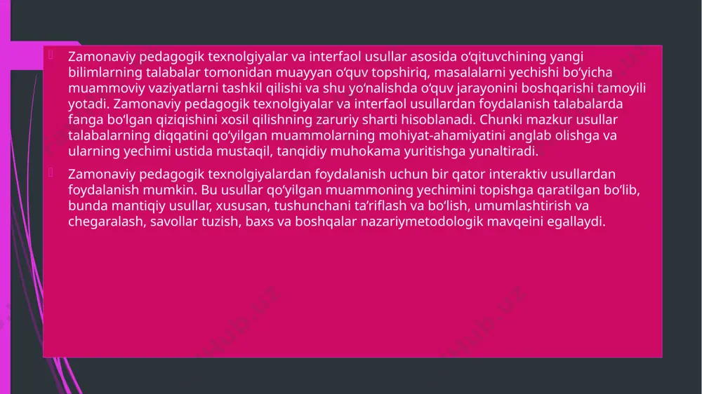 lki o‘qitishning turli qiziqarli metodlarini ham qo‘llsh lozim. masalan, ko‘pchilikka ma’lum va ommabop bo‘lgan krossvord o‘yini bolalarda qiziqish uyg‘otishi tabiiydir. krossvord ko‘rinishidagi so‘rov shakli o‘quvchilar uchun har doim qiziqarli va o‘ziga tortadigan metoddir. “kadrlar tayyorlash milliy dastri”da o‘sib kelayotgan avlodni mustaqil fikrlaydigan kilib tarbiyalash vazifasi qo‘yilgan. ushbu masalani xal etilishi ko‘p jihatdan o‘qitishning interfaol metodlarini qo‘llshga ham bog‘liq. avvalo “interfaol (interaktiv)” tushunchani aniqlashtirib olaylik. “interaktiv” degan so‘z inglizcha “interact” so‘zidan kelib chiqqan. “inter” - o‘zaro, “act” - ish ko‘rmoq, ishlamoq degan ma’nolarni anglatadi. demak interaktiv deganda o‘zaro ish 22 ko‘rish, faoliyat ko‘rsatish yoki suxbat bilan yoki tartibda kim bilandir (inson bilan) diolog (mulokot) xolatida bo‘lish tushiniladi. interfaol o‘qitish - bu, avvalambor muloqotlili o‘qitish bo‘lib, jarayonning borishida o‘qituvchi va o‘quvchi orasida o‘zaro ta’sir amalga oshiriladi. interfaol o‘qitishning mohiyati o‘quv jarayonini shunday tashkil etadiki unda barcha o‘quvchilar bilish jarayoniga jalb qilingan bo‘lib, erkin fikrlash, tahlil qilish va mantiqiy fikr yuritish imkoniyatlariga ega …