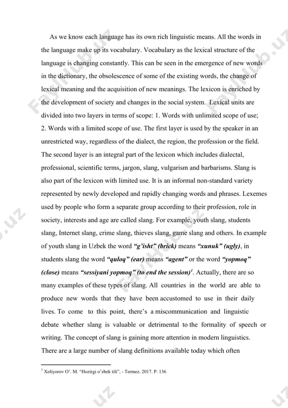 emphasize that the term “slang” firstly acknowledged by grose in 1785. he characterized it as a “cant or vulgar”. although many linguists and scientific researchers have devoted their works to the problems of defining slang, they have no simple and clear definition, but agree that it is a constantly changing linguistic phenomenon present in every subculture worldwide. some argue that slang exists because we must come up with ways to define new experiences that have surfaced with time and modernity. attempting to remedy the lack of a clear definition, however, slang, after all, greenough and kittredge in their book “words and their ways in english speech” argue that a peculiar kind of a vagabond language, always hanging on the outskirts of legitimate speech, but continually straying or forcing its way into the most respectable company . khomiyakov v.a states that slang is the main component of vernacular, which includes social …