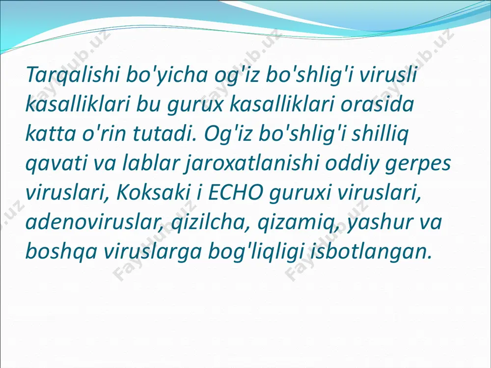 atit. kasallik kattalarda ham, bolalarda ham ko'p uchraydi. oxirigi yillarda o'tkir gerpetik stomatit og'iz bo'shlig'ini virus bilan birlamchi infektsiyalanishi deb qaralmoqda. ushbu virusli infektsiyada boshqa virusli kasalliklardan farqli ravishda og'iz bo'shlig'ida gerpetik jaroxatlanish elementlari aftalarga o'xshaganligi tufayli, ko'pchilik avtorlar bu kasallikka infektsion etiologiyali aftoz stomatit deb nom berishgan. o'tkir gerpetik stomatitning xarakterli elementi – afta. u shilliq qavatni kataral yallig'lanishi natijasida yuzaga keladi va avval virus bilan infektsiyalanmaganlar uchun kontagiozli xisoblanadi. ko'pincha bolalar va yoshlar kasallanadi. kasallik o'tkir infektsion jarayon sifatida va yuqori tana xarorati xamda keskin umumiy o'zgarishlar bilan kechadi. kasallik patogenezida to'rt bosqich farqlanadi: prodromal, kataral, toshmalar toshish davri va kasallikni so'nish davri. kechishi bo'yicha engil, o'rta og'irlikdagi va og'ir formalarga bo'linadi. yengil forma organizmni intoksikasiya simptomlari kuzatilmaydi. tana xaroratini 37-37,5°s gacha ko'tarilishi bilan boshlanadi. og'iz shilliq qavati, ayniqsa milklar shishadi, giperemiyalanadi. turli soxalarda bir sutka ichida yakka yoki 2-3 tadan qo'shilgan aftalar paydo bo'ladi. ularning epitelizasiyasi erta …