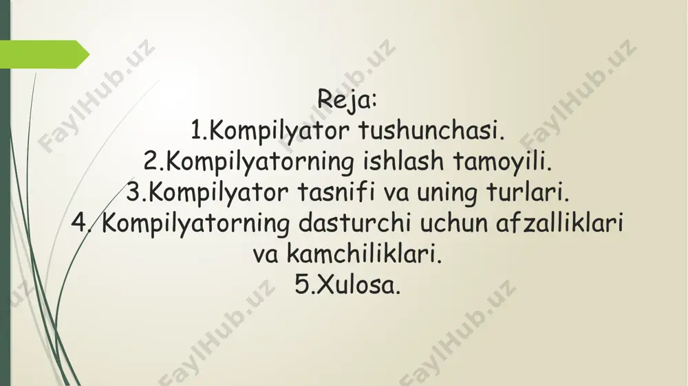 kkab tizimlar uchun yaratilgan. ular manba kodini ko‘p bosqichlarda tahlil qilib, natijada optimal kod hosil qiladi. masalan, gcc (gnu compiler collection). kross-kompilyatorlar: kompilyatorlar boshqa platforma yoki tizim uchun ishlash uchun maxsus ishlab chiqilgan. masalan, arm arxitekturasi uchun kompyuterni boshqa platformada ishlatish uchun kompilyator. jit (just-in-time) kompilyatorlar jit kompilyatorlar dastur ishlayotganda kodni tahlil qilib, mashina tiliga o‘zgartiradi. bu kompilyatorlar ko‘pincha interpreterning bir qismi sifatida ishlaydi. jit kompilyatorlari o‘zgaruvchilarni dinamik tarzda optimallashtiradi va kodni real vaqt rejimida bajarishda samaradorligini oshiradi. misol: java virtual machine (jvm) — java dasturlari avval bytecodega kompilyatsiya qilinadi, so‘ngra jvm tomonidan jit kompilyatori ishlatiladi va bajariladi. kompilyatorlar va dasturlash tillari: c/c++: c va c++ tillari uchun kompilyatorlar dastur kodini mashina tiliga tezda o‘zgartiradi. gcc (gnu compiler collection) — bu c/c++ uchun eng mashhur kompilyatorlardan biridir. c++ uchun kompilyatorlar ko‘pincha o‘zlarida keng optimallashtirish imkoniyatlarini taqdim etadi. java: java uchun kompilyator (javac) dastur kodini avval bytecode ga o‘zgartiradi. keyinchalik bu …