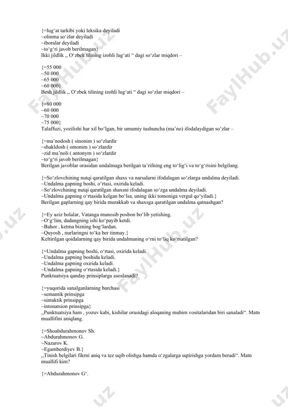ashqlarga qaysilar kiradi? {=yuqorida sanalganlarning barchasi ~grammatik-imloviy ( orfografik ) tahlil ~ko‘chirib yozuv; diktantlar ~leksik-grammatik tahlil; bayonlar} ko‘rib idrok qilingan so‘z , gap , matnni yozma shaklda berish – {=ko‘chirib yozuvdir ~diktantdir ~saylanma diktantdir ~to‘g‘ri javob berilmagan} boshlang‘ich sinflarda insho tahlili va xatolar ustida ishlash uchun qancha vaqt ajratiladi? {=15 – 25 daqiqa ~5 – 10 daqiqa ~10 – 15 daqiqa ~15 – 20 daqiqa} ona tili mashg‘ulotlarini tashkil etishda qanday reja turlaridan foydalaniladi? {=yillik va yarim yillik reja ~choraklik reja ~mavzuiy reja ~yuqorida sanalganlarning barchasi} talaffuzga asoslangan yozuv qoidalari qaysi prinsipga kiradi? {=fonetik ~shakliy ~morfologik ~to‘g‘ri javob berilmagan} so‘zning eng kichik , bo‘linmaydigan ma’noli qismi – {=morfemadir ~o‘zak morfemadir ~affiksal morfemadir ~to‘g‘ri javob berilmagan so‘zlarni leksik-grammatik turkumlarga ajratishda qanday belgilarga asoslanadi? {=yuqorida sanalganlarning barchasi ~leksik ma’nosi ~morfologik ~sintaktik} boshlang‘ich sinflarda ,, sifat “ mavzusi qanday izchillikda o‘rganiladi? {=yuqorida sanalganlarning barchasi ~sifat bilan dastlabki tanishtirish ~sifat haqida tushuncha berish ~shu …