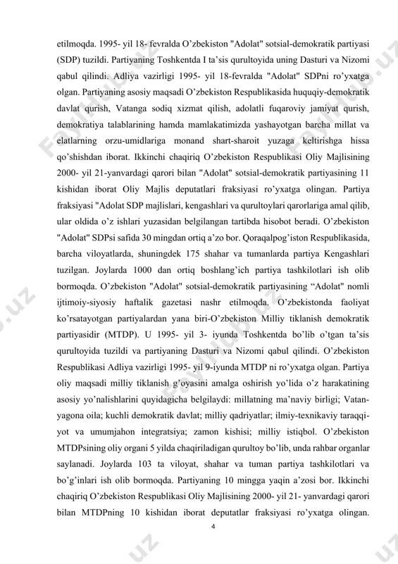aydi: millatning ma’naviy birligi; vatan-yagona oila; kuchli demokratik davlat; milliy qadriyatlar; ilmiy-texnikaviy taraqqiyot va umumjahon integratsiya; zamon kishisi; milliy istiqbol. o’zbekiston mtdpsining oliy organi 5 yilda chaqiriladigan qurultoy bo’lib, unda rahbar organlar saylanadi. joylarda 103 ta viloyat, shahar va tuman partiya tashkilotlari va bo’g’inlari ish olib bormoqda. partiyaning 10 mingga yaqin a’zosi bor. ikkinchi chaqiriq o’zbekiston respublikasi oliy majlisining 2000- yil 21- yanvardagi qarori bilаn mtdpning 10 kishidan iborat deputatlar fraksiyasi ro’yxatga olingan. o’zbekiston mtdpsining "milliy tiklanish" haftalik gazetasi nashr etilmoqda. 1998- yil 28- dekabrda o’zbekiston “fidokorlar” milliy demokratik partiyasi tashkil topdi. partiyaning 1998- yil 28-dekabrdagi ta’sis konferensiyasida uning dasturi va nizomi tasdiqlangan. "fidokorlar" partiyasining maqsadi kindik qoni to’kilgan tuproq, ajdodlar merosi va qadriyatlari bilan faxrlanadigan, xalq g’аmini o’z g’ami deb bilib, har qanday tahdid, xavf-xavotir, qiyinchiliklar oldida bosh egmaydigan, tiz cho’kmaydigan, vatan, taraqqiyot, ijtimoiy adolat yo’lida jonini ham fido qilishga tayyor, elim deb, yurtim deb yonib yashaydigan fidokor shaxslarni …
