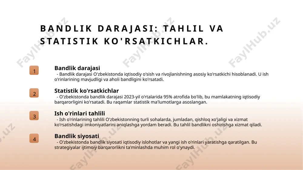 i yaratish muhim vazifadir. ishsizlik sabablari ishsizlikning ko'plab sabablari mavjud. iqtisodiy omillar, ta'lim darajasi va malaka yetishmovchiligi ishning yo'qligiga olib keladi. bandlik siyosati o'zbekistondagi bandlik siyosati iqtisodiy o'sish va barqarorlikni ta'minlashga qaratilgan. strategik yondashuvlar ish o'rinlarini yaratishga xizmat qiladi. foydalanilgan adabiyotlar 1. i. a. abdurakhmonov. mehnat bozori va bandlik masalalari. tashkent: o'zbekiston respublikasi iqtisodiyot va sanoat vazirligi, 2020. 2. m. d. yuldashev. iqtisodiy omillar va ishsizlik: o'zbekistondagi holat va yechimlar. tashkent: o'zbekiston milliy universiteti, 2021. 3. n. s. tashkentov. bandlik va ishsizlik tahlili: o'zbekiston tajribasi. tashkent: o'zbekiston respublikasi iqtisodiy tadqiqotlar markazi, 2022. 4. f. a. qodirov. mehnat bozori dinamikasi va ishsizlikka qarshi chora-tadbirlar. tashkent: o'zbekiston fanlar akademiyasi, 2023. 5. r. m. sattorov. o'zbekistonda malakali ishchi kuchini tayyorlash va bandlik. tashkent: yoshlar instituti, 2022. e'tiboringiz uchun rahmat! /docprops/thumbnail.jpeg