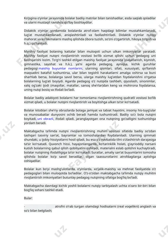 javobini xotirjamlik bilan tinglash; o‘rtog’ini xafa qilmaydigan ohangda o‘z noroziligini izhor qilish. pedagogik ishlar to‘g’ri tashkil qilinganida maktabgacha yoshdagi bola besh yoshga kelib ijtimoiy rivojlanishning quyidagi ko‘rsatkichlariga ega bo‘ladi: - insoniy munosabatlarni tushunadi, atrofdagilarning unga nisbatan yaxshi va yomon munosabatlarini his qiladi va anglaydi; ota-onasining, tengdoshining emotsional ahvolidagi o‘zgarishlarni payqaydi; diqqat-e’tibor, hamdardlik izhor qiladi; - «men xohlayman!» vaziyatga oid bevosita istagini to‘xtatib turishga qodir. empatiya (hamdardlik) va emotsional ekspressiya (quvonch, qayg’u va boshqa holatlarni ifodalash) xususiyatidagi kechinmalar bola xulq-atvori va muloqotining tartibga soluvchisiga aylanadi; - bolalar barqaror o‘yin birlashmalariga kirishi mumkin, muloqotda va birgalikdagi faoliyatda quvonch, zavqlanish, qayg’u va boshqa holatlarni ifodalash uchun emotsional ekspressiv nutqiy va nonutqiy vositalardan foydalanadi. 3 yoshdan 5 yoshgacha bo‘lgan bolalar nutqini rivojlantirish emotsional tusga ega bo‘lishi lozim. bunda ko‘rgazmaviylik, o‘yin usullari va didaktik o‘yinlarni keng qo‘llash zarur. 3. nutqiy muloqotni rivojlantirish. bolalardagi ko‘plab nutqiy muloqot va ko‘nikmalar mashg’ulotlardan tashqarida shakllanadi. maktabgacha talimda bolalarning kattalar …