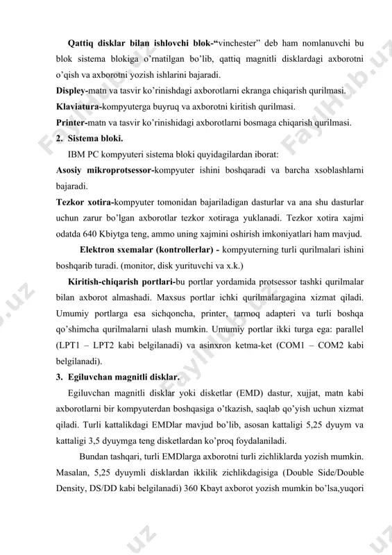 uchun ham birmuncha qulayroq. ammo bu ikki kattalikdagi disklarda ham ba’zan noto’g’ri foydalanish tufayli, ba’zan esa, disk yurituvchining yomon ishlashi tufayli axborot “yukolishlari” ruy berishi mumkin. bunday vaziyatlarda kumak berishi mumkin bo’lgan maxsus dasturlardan foydalanishni o’rganish foydadan xoli emas. 4. qattiq magnitli disklar. qattiq magnitli disklarda kompyuter bilan ishlash uchun zarur bo’lgan barcha dasturlar masalan, operatsion sistema, matn muharrirlari, turli dasturlash tillari fayllari va x.k. saqlanadi. vinchester kompyuter bilan ishlashda katta qulayliklar yaratadi. xajmi jixatidan juda katta bo’lgan dasturlarni vinchestersiz ishga tushirish ba’zan mumkin ham emas. foydalanuvchi uchun vinchesterlar avvalo biri-biridan xajimlari bilangina farq qiladi. bugo’ngi kunda 10 mbaytdan tortib, bir necha yuz mbaytgacha bo’lgan vinchesterli kompyuterlar mavjud. 5. monitorlar. monitor (displey) matn va tasvir ko’rinishdagi axborotlarni ekranga chiqarish qurilmasidir. monoxrom va rangli monitorlar mavjud bo’lib, ular matn yoki grafika xolatlaridan birida ishlaydilar. matn xolatida monitor ekranini shartli ravishda belgi urinlari kataklariga bo’lib chiqish mumkin. bunday kataklarning soni ko’pincha gorezontaliga …