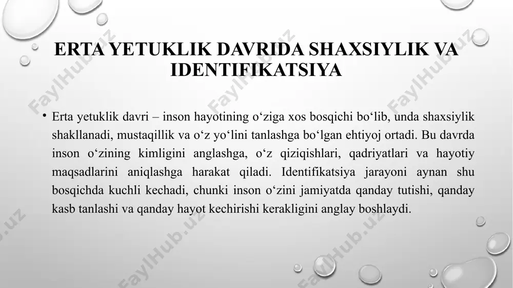 kat qiladi. bu jarayon hayot davomida davom etadi, ammo ayniqsa erta yetuklik davrida juda muhim ahamiyat kasb etadi. chunki aynan shu bosqichda inson kimligini aniqlashga, o‘z shaxsiy qarashlarini shakllantirishga va o‘z yo‘lini tanlashga harakat qiladi. identifikatsiya – insonning o‘z shaxsiyatini, qadriyatlarini va jamiyatdagi o‘rnini anglash jarayoni bo‘lib, hayot davomida shakllanadi. erta yetuklik davri identifikatsiyaning eng faol kechadigan bosqichlaridan biri hisoblanadi. ushbu jarayonda oila, jamiyat, ta’lim va shaxsiy tajribalar muhim rol o‘ynaydi. inson o‘zini to‘g‘ri identifikatsiya qila olsa, u o‘z hayotidan qoniqish hosil qiladi va mustahkam hayotiy tamoyillarga ega bo‘ladi. erta yetuklikda hissiy o‘zgarishlar va ularni boshqarish erta yetuklik (18-30 yosh) inson hayotidagi eng muhim bosqichlardan biri bo‘lib, bu davrda shaxsiylik shakllanadi, hayotiy tamoyillar mustahkamlanadi va mustaqil qaror qabul qilish qobiliyati rivojlanadi. shu bilan birga, ushbu davr hissiy o‘zgarishlarning keskin namoyon bo‘lishi bilan ham ajralib turadi. shaxsiy, kasbiy va ijtimoiy hayot bilan bog‘liq qarorlar hissiy holatga bevosita ta’sir qiladi. ushbu jarayonda …