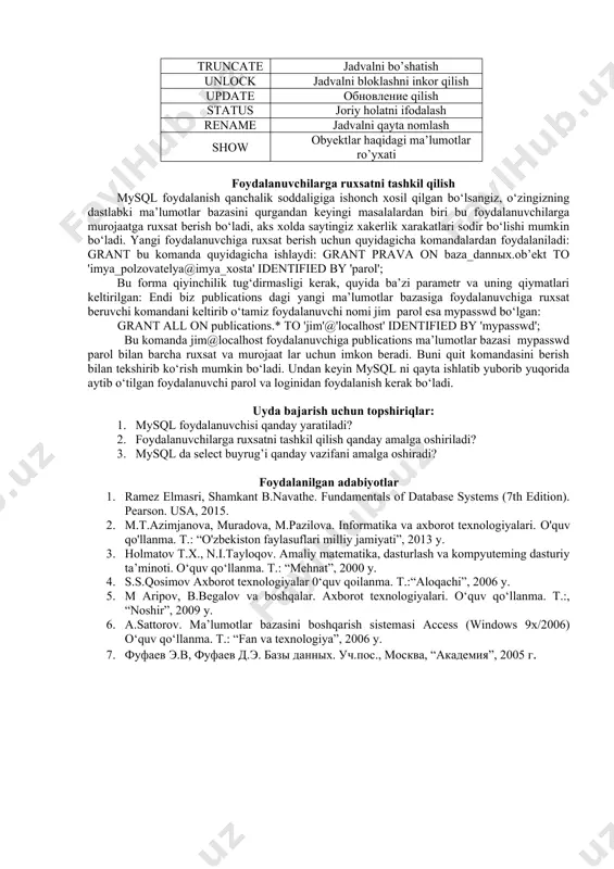 privileges; mysql foydalanuvchisi uchun maxsus kirish huquqlarini tayinlash. bu hammasi bizning yangi foydalanuvchimizga root bilan bir xil ma'lumotlar bazasi vakolati berilgan. ma'lumotlar bazasi nomi va jadval nomini qo'shib, ularni ajratib qo'yishni unutmaslik va bo'sh joylardan foydalanmaslik zarur. shuningdek, right_type-ni yangi foydalanuvchimizga berishni istagan kirish turi bilan almashtiriladi. mysql-da bir nechta ruxsat turlari mavjud, ulardan ba'zilari quyida tavsiflangan: create - foydalanuvchilarga ma'lumotlar bazalarini jadvallarini yaratishga imkon beradi select - ma'lumotlarni tanlashga ruxsat beradi insert - jadvallarga yangi yozuvlarni qo'shish huquqi update - jadvaldagi mavjud yozuvlarni o'zgartirish imkonini beradi drop - ma'lumotlar bazasiga jadvallariga yozuvlarni tushirish qobiliyati ushbu variantlardan birini ishlatish uchun kerakli huquq bilan righttype-ni almashtirish kifoya. kirish huquqlarining bir nechta turlarini tayinlash uchun ularni quyidagi buyruqdagi kabi vergul bilan ajratiladi. masalan, biz quyidagi buyruq bilan root bo'lmagan mysql foydalanuvchimizga create va select imtiyozlarini bera olamiz: grant [тип_прав] on [имя_базы_данных] [имя таблица] to ‘imiya_polzovatelia’@’ localhost’; qanday qilib ba'zan ba'zi bir foydalanuvchi …