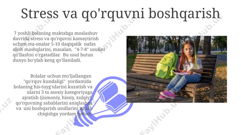 ngish 7 yoshli bolaning maktabga moslashuvi davrida ota-onalarning 50% dan ortig'i ijtimoiy qo'llab-quvvatlashning ahamiyatini, masalan, samarqanddagi maktab psixologlarining yordamini kam baholaydi. maktabga moslashuv qiyinchiliklari bilan kurashda, 20% ga yaqin bolalar o'qish jarayoniga qiziqishni yo'qotish bilan, jumladan, toshkentdagi eksperimental maktablarda o'tkazilgan kuzatuvlardan ko'rinib turibdiki, qaror qabul qilish qobiliyatlarining pasayishi bilan duch kelishadi. e'tiboringiz uchun rahmat @taqdimot_robot image4.jpg image5.jpg image6.jpg image7.jpg image8.jpg image9.jpg image10.jpg image11.jpg image12.jpg image1.jpeg image2.jpeg image3.jpeg