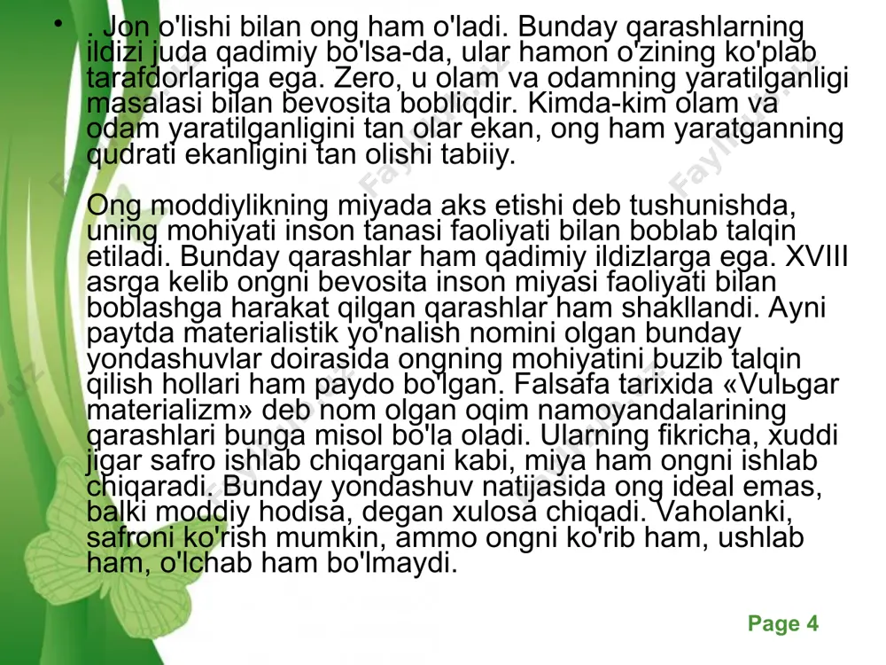 di. negaki, psixika hayvonlarga ham xosdir. gap inson psixikasi haqida ketganda ham, u ong tushunchasiga nisbatan keng qamrovlilik kasb etishini unutmaslik lozim. z. freyd fikricha, psixika ongsizlik, ong osti hodisalarini va ongning o'zidan iborat uch qatlamdan tashkil topgan. inson hayoti va faoliyatida ong bilan bir qatorda ongsizlik va ong osti hodisalari ham muhim ahmiyatga ega. free powerpoint templates page * psixologlar fikricha, inson farzandining kamol topa borishi bilan bir qatorda ko'plab funksiyalar ong nazorati ostidan chiqib avtomatik xarakter kasb etishi bilan xarakterlanadi. aytaylik, birinchi marta mashinaga o'tirganimizda, birinchi marta surat olayotganmizda deyarli barcha harakatlarimiz ongning qattiq nazorati ostida bo'ladi. vaqt o'tishi bilan esa ko'pgina harakatlarni ongsiz tarzda, anglamagan holda bajara boshlaymiz. bunday holat inson faoliyatining xilma-xil sohalari, yo'nalishlarida, ularga ongning faol tarzda aralashishini, ya'ni qayta faoliyatni o'z nazoratiga olishi mumkinligini inkor etmaydi. free powerpoint templates page * . xatti-harakatlarning ongsizlik sohasiga ko'chishi bir tomondan ong «yuki» ning yengillashiga xizmat qilsa, …