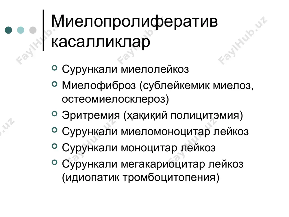 тиишининг бошқа соҳаларида ўзгаришларнинг йўқлиги суяк кўмиги гиперҳужайрали (л/э 10:1-20:1) хроническая стадия хмл периферическая кровь: лейкоцитоз со сдвигом до миелоцитов, промиелоцитов, бластов тромбоциты в пределах нормы, в 30% случаев -гипертромбоцитоз (1,0х1012/л и более) снижение активности щф в нейтрофилах костный мозг: гиперклеточный, л/э  , бласты 5 – 15 % выявляется ph’-хромосомы смл нинг сурункали босқичи периферик қон: лейкоцитоз, миелоцит, промиелоцит, бластларгача ядрони силжиши тромбоцитлар нормада,30% ҳолларда -гипертромбоцитоз (1,0х1012/л ва ундан кўп) нейтрофилларда иф фаоллигининг пасайиши суяк кўмиги: гиперҳужайрали, л/э  , бластлар 5 – 15 % ph’-хромосомалар аниқланади хроническая стадия хмл смл нинг сурункали босқичи активность щф при хмл активность щф при хмл активность щф при септическом состоянии смл да иф фаоллиги смл да иф фаоллиги иф нинг септик ҳолатдаги фаоллиги клинический случай больной а. ,64 лет, гепато-спленомегалия. анализ периферической крови: wbc – 95,1x109/л, rbc – 3,28x1012/л, hb – 104 г/л, mcv – 104,9 фл, mch – 31,7 пг, mchc …