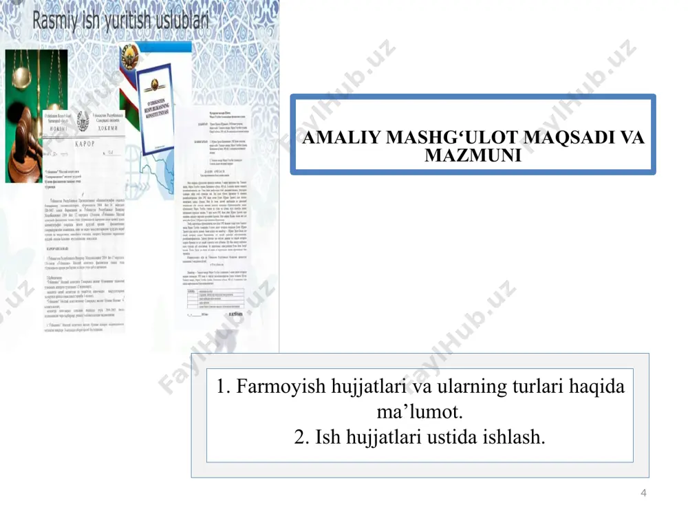 ini nazorat qilish 3-bino boshlig‘i n.soliyevga topshirilsin. korxona rahbari (imzo) r.ahmedov rozilik belgisi amaliy topshiriqlar 1-amaliy ish. farmoyishda biror vazifani kim, qanday, qachon bajarishini ifoda etishni bildirish uchun qoʻllanadigan quyidagi fe’llar yordamida gaplar tuzing: tayinlansin, belgilansin, oʻtkazilsin, qabul qilinsin. 23 2-amaliy ish. ta’lim sifatini yaxshilash haqidagi farmoyishda qanday soʻz va birikmalar qatnashishi mumkinligini tasavvur qiling. bunday birikmalar qatnashgan 4 ta gap tuzing. 3-amaliy ish talabalarning qishki ta’tili toʻgʻrisidagi koʻrsatma matnida qoʻllaniladigan eng muhim soʻz va soʻz birikmalarni aniqlab, daftaringizga qayd eting 4-amaliy ish koʻrsatmada qoʻllanadigan quyidagi birikmalar yordamida gaplar tuzing va ularni rus tiliga tarjima qiling: taqdim etish muddati, taklif etaman, taqdim etsin, tavsiyalar berilsin. uyga vazifa talabalarning fanlardan oʻzlashtirishini yaxshilash haqidagi koʻrsatmaning zaruruy qismalrini tuzing. uyga vazifa 27 “buyruqning zaruriy qismlari” mavzusida matn tuzing. image1.png image2.jpeg image3.jpeg image4.jpg image5.jpg image6.jpeg image7.jpg image8.jpeg image9.jpeg image10.jpeg image11.jpeg image12.gif image13.png image14.png image15.png image16.jpeg image17.jpeg image18.png image19.png image20.jpeg image21.jpeg image22.jpeg image23.jpeg image24.png