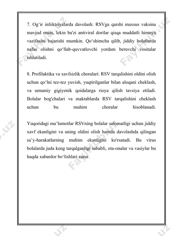 arga ko'ra, 50 ga yaqin turli klinik izlanishlar o'tkazilmoqda va bir nechta emlash usullari ishlab chiqilmoqda. pfizer va glaxosmithkline (gsk) kabi yirik farmatsevtika kompaniyalari rsvga qarshi vaktsina ishlab chiqishga yirik sarmoyalar kiritgan. 4. **pfizer emlashi:** 2022 yilda pfizer tomonidan kiritilgan vaktsina nomi "abrysvo" deb ataladi. ushbu vaktsina tomonidan olib borilgan iii bosqich klinik sinovlar shuni ko'rsatdiki, vaktsina 2 yoshgacha bo'lgan bolalarda rsv simptomlarini kamaytirishda taxminan 66.7% samaradorlik ko'rsatgan. vaktsina 30 nafardan ortiq mamlakatda, jumladan aqsh va yevropa ittifoqi davlatlarida, foydalanish uchun tasdiqlangan. 5. **glaxosmithkline (gsk) emlashi:** gsk tomonidan ishlab chiqilgan "arexvy" nomli vaktsina ham rsv infeksiyalariga qarshi samarador bo'lib chiqqan. sinovlar davomida emlashning 70% ga yaqin samaradorligi kuzatildi. ushbu vaktsina kattalar, jumladan yuqori xavf ostidagi yoshdagi insonlar uchun samarali vosita sifatida tavsiya etilmoqda. 6. **monoklonal antikorlar strategiyasi:** rsv ga qarshi muqobil usul sifatida monoklonal antikorlar ham taklif etilmoqda. bir necha monoklonal antikorlar fda tomonidan tasdiqlangan, jumladan "nirsevimab" nomli monoklonal antikor, …