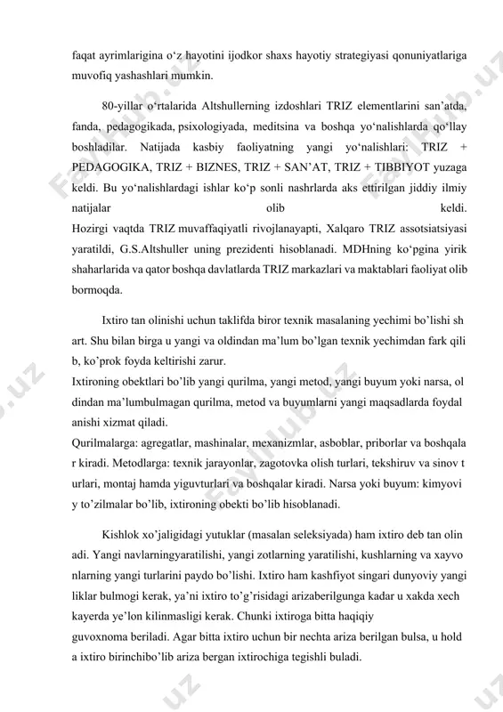 yada) ham ixtiro deb tan olinadi. yangi navlarningyaratilishi, yangi zotlarning yaratilishi, kushlarning va xayvonlarning yangi turlarini paydo bo’lishi. ixtiro ham kashfiyot singari dunyoviy yangiliklar bulmogi kerak, ya’ni ixtiro to’g’risidagi arizaberilgunga kadar u xakda xech kayerda ye’lon kilinmasligi kerak. chunki ixtiroga bitta haqiqiy guvoxnoma beriladi. agar bitta ixtiro uchun bir nechta ariza berilgan bulsa, u holda ixtiro birinchibo’lib ariza bergan ixtirochiga tegishli buladi. rasionalizatorlik takliflari zavodlarda, korxonalarda beriladi agar takliflar korxonalar uchun yangilik bo’lib, ko’prok foyda keltirsagina rasionalizatorlik taklifi deb tan olinadi. rasionalizatorlik takliflari: buyumning konstruksiyasini, ishlab chiqarish texnologiyasini, materiallar tarkibini o’zgartiish haqida bo’lishi mumkin. rasionalizatorlik ko’p qirrali muammodir va shu bilan birga iqtisodiydir. rasionalizatorlik taklifi ham ixtiro singari aloxida belgilarga, talablarga javob berishishart. birinchidan, taklifning texnik yechim bo’lishi shart. ikkinchidan, yangilik belgisiga javob berishi kerak. uchinchidan, taklif foydali bo’lishi kerak. rasionalizatorlik taklifi maxsus bosma kogozda yozma ravishda beriladi. arizada taklifning nomi, avtorlari ko’rsatiladi. arizani bulimlarida taklifning maqsadi va iqtisodi to’g’risida …