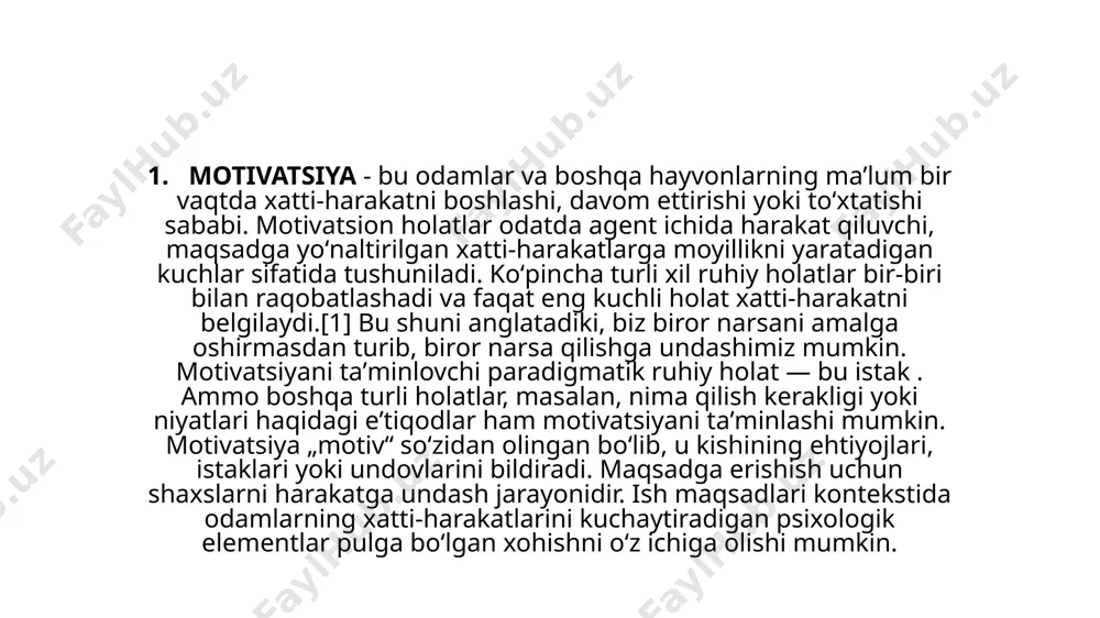 fikrlashning asosi boʻlib, u odamga vaziyatni boshqarish va amaliy harakatlarning bevosita aralashuvisiz muammolarni hal qilish imkonini beradi. amaliy harakatlar imkonsiz yoki qiyin yoki shunchaki nomaqbul boʻlgan hayot holatlarida unga koʻp jihatdan 3. tafakkur — inson aqliy faoliyatining yuksak shakli; obyektiv voqelikning ongda aks etish jarayoni. tafakkur atrof muhitni, ijtimoiy hodisalarni, voqelikni bilish quroli, shuningdek, inson faoliyatini amalga oshirishning asosiy sharti sanaladi. u sezgi, idrok, tasavvurlarga qaraganda voqelikni toʻla va aniq aks ettiruvchi yuksak bilish jarayonidir. tafakkur deb, voqelikdagi narsa va hodisalarni ular oʻrtasidagi bogʻlanishlarni fikran, umumlashtirib, vositali yoʻl bilan aks ettirishga aytiladi. voqelik tafakkurda, idrok va tasavvurgina nisbatan chuqurroq va toʻlaroq aks etadi. biz sezgi, idrok vositasi bilan bilib olishimiz mumkin boʻlmagan narsa yoki hodisalarning xususiyatlarini, ularning bogʻlanish va munosabatlarini tafakkur vositasi bilan bilib olamiz. tafakkur — inson miyasining alohida funksiyasi. uning nerv fiziologik asosi birinchi va ikkinchi signal sistemalarining oʻzaro munosabatidan iborat. tafakkur jarayonida insonda fikr, mulohaza, gʻoya, faraz …