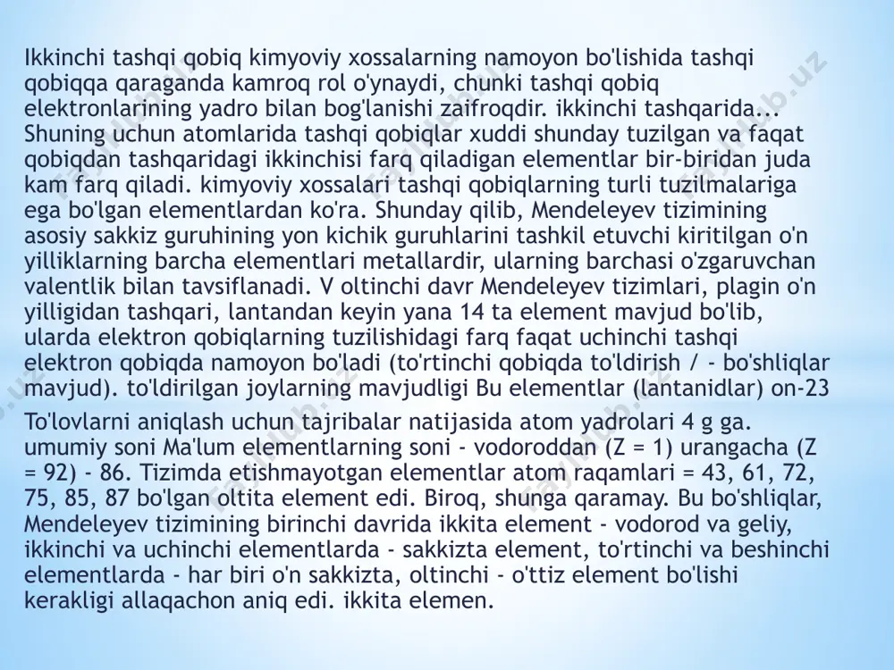 minerallari holida uchraydi. oltin bu gruppacha elementlari ichida eng tarqoq va nodir metall xisoblanadi. shuning uchun oltin, asosan tugma holda yoki aute - kalaverit minerali holida uchraydi. . davriy sistemaning qo‘shimcha guruhchasi elementlari. d-elementlar har qaysi kata davrda s- va p- elementlar orasidagi o’nta katakni ishg’ol qiladi. bu elementlarning umumiy soni 33 ta bo’lib, to’rtinchi, beshinchi, oltinchi davrlarda o’ntadan va ettinchi davrda uchtadir. qo’shimcha gruppacha elementlari oraliq, elementlar deb ham yuritiladi. d-elementlarda bir elementdan ikkinchisiga o’tilganda atomlarning sirtqi qavatdan bitta ichkari qavatiga ortib boruvchi bitta elektron joylasha boradi. bu elementlarning kimyoviy xossalari sirtqi va undan bitta ichkarigi qavatlarga joylashgan elektronlar soniga bog’liq bo’ladi. d- element­larning o’ziga xos xususiyatlari metallar atomlarining elektron tuzilishiga - sirtqi elektron qavatda ko’pincha ikkita s- elektroni (ba’zan, bitta s- elektron) bo’lishi bilan tavsiflanadi. bu elementlar atomlarining ionlanish energiya mikdori kamligi sababli sirtki elektronlar yadro bilan nisbatan bo’shroq bog’langandir. shunga ko’ra, oraliq element­lar xosil qilgan birikmalarida musbat …