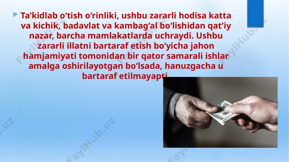 ing asosiy usuli qonunga xilof faoliyat bilan bog‘liq, degan mutlaqo axloqqa zid nuqtai nazar shakllanishiga olib keladi. bu esa o‘z navbatida korrupsiyaga qulay sharoit yaratadi. ijro hokimiyatining birligi tamoyilinining buzilishi — aynan bitta faoliyatning turli instansiyalar tomonidan tartibga solinishi: aholining davlatni nazorat qilishdagi sust ishtiroki; davlat sektoridagi xizmat qilayotgan xizmatchilar daromadlarining xususiy sektorda topish mumkin bo‘lgan daromadlardan kamligi; iqtisodiyotning davlat tomonidan tartibga solinishi; inflyasiyaning yuqori darajasi; mamlakat yuqori boshqaruv organlarining aholidan uzilib qolganligi; mamlakatdagi diniy va axloq qoidalari. jahon mamlakatlarida korrupsiyaga qarshi kurashning quyidagi usullari mavjud. ichki nazorat —bu usul boshqaruv apparatining o‘zida nazoratni kuchaytiruvchi tuzilmalar (har xil ichki inspeksiyalar va boshqa nazorat organlari tuzish orqali) yaratishni taqazo etadi. bu tuzilmaning asosiy vazifasi xodimlarning ichki etiket qoidalariga rioya qilishini nazorat qilishdir. hozirgi kunda bizning yurtimizda ham bir qator huquqni muhofaza qilish organlarida aynan shu vazifani bajaruvchi ichki tuzilmalar yaratilgan. tashqi nazorat — bu usulda ijro apparatidan mustaqil tuzilmalarning mustaqilligini oshirish …