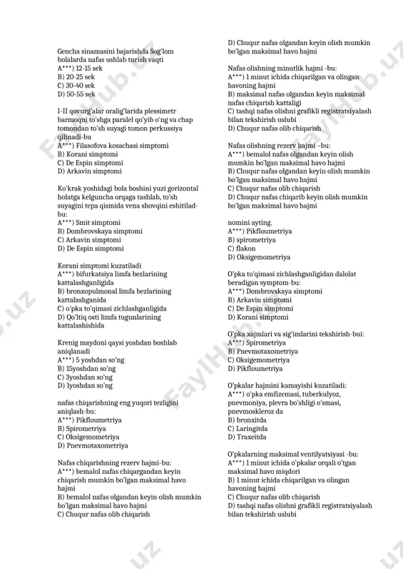 ganligida c) o’pka to’qimasi zichlashganligida d) oldingi ko’ks oraligi tugunlar yallig’langanda bemalol nafas olgandan keyin olish mumkin bo’lgan maksimal havo hajmi-bu: a***) nafas olishning rezerv hajmi b) nafas chiqarishning rezerv hajmi c) spirometriya d) spirografiya bifurkatsiya limfa bezlarining kattalashganligidan dalolat beradigan auskultasiyadaaniqlanadigan simptom-bu: a***) de espin simptomi b) korani simptomi c) filasofova kosachasi simptomi d) smit simptomi bifurkatsiya limfa bezlarining kattalashganligidan dalolat beradigan simptom-bu: a***) korani simptomi b) filasofova kosachasi simptomi c) smit simptomi d) arkavin simptomi bola 3 marta chuqur nafas oladi va noto’liq 4 marta nafas olishdagi nafasini ushlab turadi, burnini barmoqlar bilan qisiladi a***) shtange sinamasi b) gencha sinamasi c) tiffno sinamasi d) spirometriya bolalar o’pkasining quyi chegaralari o’ng tomonda o’rta o’mrov chizig’ida qaysi qovurg’aga to’g’ri keladi a***) vi qovurg’a b) vii qovurg’a c) viii qovurg’a d) iv qovurg’a bronx yo’llarini o’tkazuvchanligini tekshiruvchi apparat: a***) pnevmotaxometriya b) pikfloumetriya c) spirografiya d) o’pkaning tiriklik sigimi bronxopulmonal limfa bezlarining …