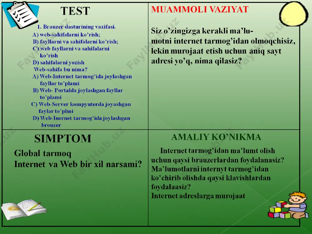 nt bog’lanadi va ushbu abonentlar orasida so‘zlashuv (ma’lumot almashinish) amalga oshiriladi. ya’ni ikkita harakatlanuvchi abonentning mobil telefonlar orqali o‘zaro muloqoti - so‘zlashuvdir. mobil internet – harakatdagi abonentlar uchun mobil aloqa tarmoqlari orqali internet resurslaridan foydalanish texnologiyasi. mobil aloqa tarmoqlarida so‘rovlar va so‘zlashish ma’lumotlari axborotlarning paketli ko‘rinishida uzatiladi. bunda yuqori darajali xizmatni amalga oshirish, ayniqsa biznesni samarali boshqarish imkoniyati yaratiladi. mobil internetning qulayligi shundan iboratki, bunda foydalanuvchining qayerda va qanday holatda bo‘lishidan qat’iy nazar u mobil aloqa tarmog’i orqali internet xizmatlaridan foydalanishi imkoniyatiga ega bo‘ladi. mobil internet xizmatidan foydalanish uchun maxsus simsiz modem qurilmasi yoki ushbu xizmat yoqtirilgan mobil telefon bo‘lishi kerak. mobil pochta - -internet resurslaridan foydalangan holda abonentning mobil telefoni orqali shaxsiy elektron pochta xizmatidan foydalanish imkoniyati. bunda internet tarmog’i yordamida oddiy elektron pochta xizmatidan foydalish kabi mobil telefonlar yoki boshqa mobil aloqa vositalari orqali ixtiyoriy vaqtda ixtiyoriy joyda elektron pochta xizmatidan foydalanish, ya’ni pochta xabarlarini olish, o‘qish va …