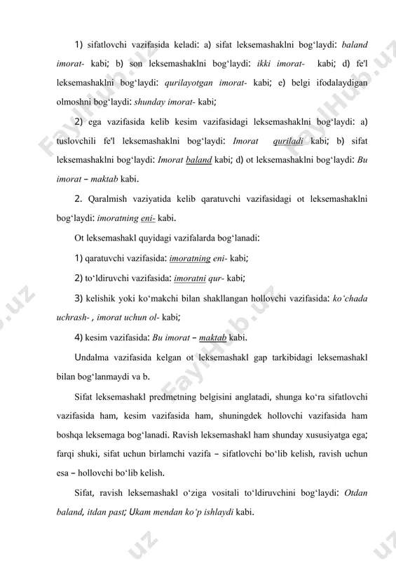 leksemalar kishi otlari va narsa otlari deb guruhlanganidek, sifat leksemalarga ham shunga o‘xshash guruhlanish xos. sifat leksemalarning ma'lum bir qismi kishiga xos belgini, ma'lum bir qismi narsaga xos belgini, qolgan qismi esa ham kishiga, ham narsaga xos belgini anglatadi. sifat leksema bilan ot leksemaning bog‘lashuv imkoniyati ana shunday semantik omil ta'sirida umumiy yoki cheklangan bo‘ladi. bunday semantik omilni atalganlik hodisasi deb nomladik. masalan, novcha yigit- , pakana yigit- deyiladi-yu, lekin novcha bino-, pakana bino- deyilmaydi (baland bino-, past bino- deyiladi), chunki novcha-, pakana- leksemalari kishiga xos belgini anglatadi. yaxshi leksemasining atalganligi umumiy, shunga ko‘ra yaxshi odam-, yaxshi imorat- birikmalari tuzilaveradi. umuman, atalganlik hodisasi o‘zbek tilshunosligida maxsus o‘rganilmagan. atalganlik hodisasidan qat'i nazar, ikki leksema bog‘lashuvi uchun ularga xos leksik ma'nolarning ideografik semalari tarkibida zid semalar bo‘lmasligi, aksincha, umumiy, betaraf ideografik semalar bo‘lishi lozim. masalan, nonni ye- , sutni ich- kabi birikma tuziladi-yu, lekin nonni ich- , sutni ye- kabi birikma tuzilmaydi; …