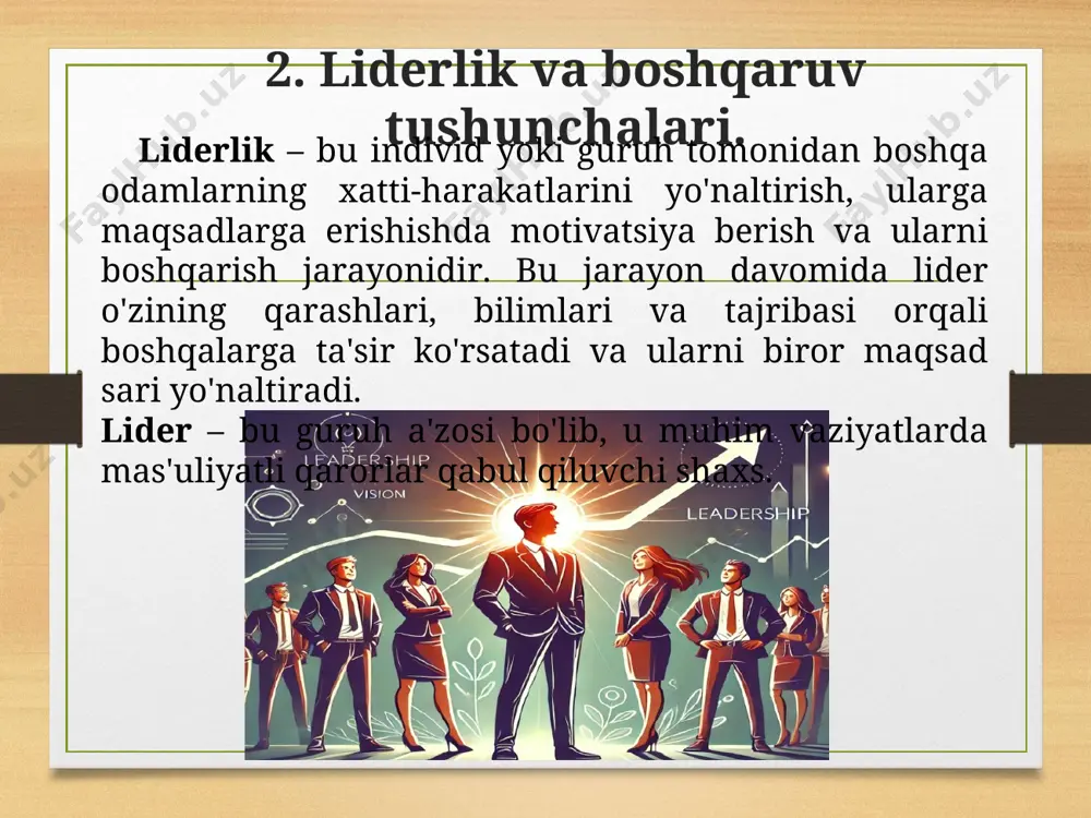 ligi: har bir vaziyat o'ziga xosdir va turli vaziyatlar turli liderlik uslublarini talab qiladi. moslashuvchanlik: samarali liderlar turli vaziyatlarda o'z uslublarini moslashtira oladilar, shuningdek, ular xodimlarning tayyorgarligi, tajribasi va motivatsiyasini inobatga oladilar. eng mashhur situatsion liderlik modeli pol hersey va ken blanchard tomonidan ishlab chiqilgan bo'lib, u liderlikning 4 ta asosiy uslubini tavsiflaydi: buyruq beruvchi (telling) uslub (xodimlar tajribasiz yoki yangi bo'lsa); yo'naltiruvchi (selling) uslub (xodimlar ko'proq qo'llab-quvvatlashga muhtoj bo'lgan hollarda); ishtirokchi (participating) uslub (xodimlar malakali va tajribali bo'lsa, lekin hali to'liq mustaqil qaror qabul qila olmasa); delegatsiya (delegating) uslub (xodimlar tajribali, malakali va o'z ishida o'zini ishonchli his qilganda.). nazariyaning ahamiyati moslashuvchanlikni oshiradi: bu nazariya liderlarga turli vaziyatlarga moslashishda yordam beradi va samaradorlikni oshiradi. xodimlarning rivojlanishini qo'llab-quvvatlaydi: xodimlarning tajribasi va malakasi o'sgan sari, liderlik uslubi ham o'zgaradi, bu esa ularning mustaqillik va javobgarlik darajasini oshiradi. kamchiliklari: situatsion nazariya hamma liderlar ham o'z uslublarini samarali ravishda moslashtira olish qobiliyatiga ega …