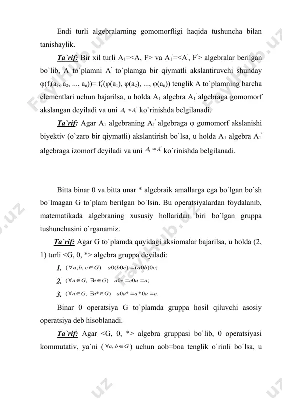 qari quyidagi munosabatlar ham o`rinli bo`ladi: a) nx+mx=(m+n)x; b) m(nx)==mnx; c) mx-nx=(m-n)x. bu tenglama dir. yuqoridagi 7 ta hossaning isboti da keltirilgan. adabiyotlar: 1. r. n. nazarov, b. t. toshpo`latov, a. d. do`simbetov. algebra va sonlar nazariyasi. 1-qism. toshkent. o`qituvchi. 1993 y. (35-39 betlar) 2. куликов л. я. алгебра и теория чисел. москва: высш.шк. 1979 г. (стр 5-14).gan. 3. www.ziyonet.uz _1405764927.unknown _1405764935.unknown _1405764939.unknown _1405764943.unknown _1405764945.unknown _1405764947.unknown _1405764949.unknown _1405764950.unknown _1405764948.unknown _1405764946.unknown _1405764944.unknown _1405764941.unknown _1405764942.unknown _1405764940.unknown _1405764937.unknown _1405764938.unknown _1405764936.unknown _1405764931.unknown _1405764933.unknown _1405764934.unknown _1405764932.unknown _1405764929.unknown _1405764930.unknown _1405764928.unknown _1405764919.unknown _1405764923.unknown _1405764925.unknown _1405764926.unknown _1405764924.unknown _1405764921.unknown _1405764922.unknown _1405764920.unknown _1405764915.unknown _1405764917.unknown _1405764918.unknown _1405764916.unknown _1405764913.unknown _1405764914.unknown _1405764912.unknown