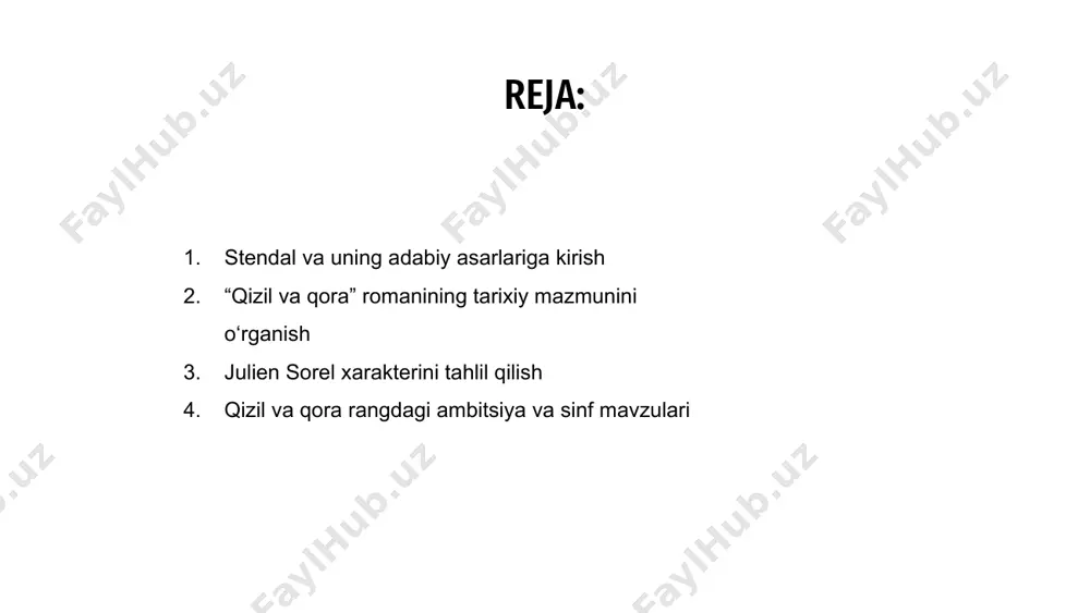 qiyinchiliklarni ta'kidlab, sinflar dinamikasining murakkabliklarini o'rganadi. murakkab xarakteristikalar va jozibali syujet chiziqlari orqali stendalning "qizil va qora" romani shuhratparastlik, sinf va inson tajribasini o'ylashga undaydi. stendalning “qizil va qora” romani uning psixologik teranligi va keskin ijtimoiy sharhi bilan ajralib turadigan o‘ziga xos yozuv uslubini namoyish etadi. romanda stendalning o‘ziga xos yozish uslubi jonli xarakteristikalar va murakkab syujet rivojlanishi orqali stendal o'quvchilarni 19-asr frantsiyasining murakkab dunyosiga cho'mdiradi. romanning shuhratparastlik, muhabbat va ijtimoiy cheklovlar mavzulari stendalning jozibali hikoyasida mahorat bilan to‘qilgan. 01 02 03 04 stendalning “qizil va qora” romanida ijtimoiy me’yorlar va umidlarning ta’siri qahramonlarning harakatlari va qarorlari orqali yaqqol namoyon bo‘ladi. 03 qahramonning ijtimoiy konventsiyalarni boshqarish uchun kurashi shaxsiy ambitsiya va ijtimoiy cheklovlar o'rtasidagi to'qnashuvni ta'kidlab, hikoyani keskinlik va ziddiyat bilan oldinga suradi. 02 01 qahramonlarning o'zaro ta'siri va dilemmalarini o'rganish orqali stendal ijtimoiy me'yorlar ta'siri ostida inson tabiatining murakkabligini nozik tadqiq qiladi. stendalning "qizil va qora" romani 19-asr frantsiyadagi …