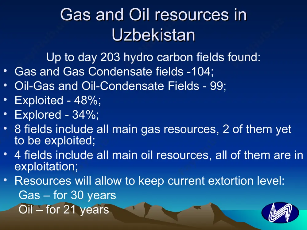 006 gas production - 55,6 mln cubic meters.; oil and condensate production - 5,4 mln tons; sulfur production - 166,3 thousand tons.; ngl production - 225,9 thousand tons; polyethylene production- 125 thousand tons. primary energy consumption in uzbekistan in 2006 internal energy consumption most energy consuming industries gas & oil production portion in gpd in uzbekistan power intensity of gdp world bank data uzbekistan russia kazakhstan iran pakistan india korea canada usa romania turkey ukraine kwt/hour kj gas refinery gas refinery: - mubarek gas processing plant – more than 29 bln cubic meters; - “shurtaneftegas” - 12 bln cubic meters; - shurtan gas chemical complex -4,5 bln cubic meters. refinery products: - dehydrated and purified gas; - sulfur; - condensate; - ngl; - polyethylene. gas transportation system total extent of 13 thousand km; carrying capacity 55 bln cubic meters gas exports gas export in 2006 -11,8 bln cubic meters (current …
