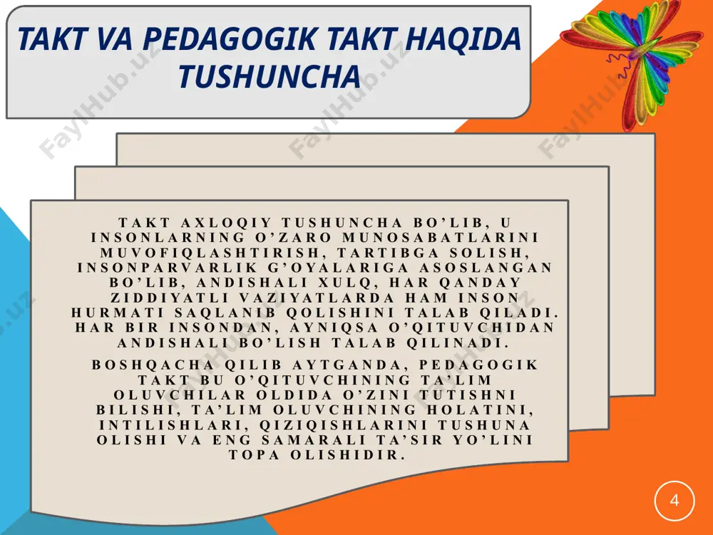hitga moslashuvchi individual qobiliyatlar, kasbiy bilim, ko‘nikma va malakalar mujassamlashgan bo‘ladi. 16 yosh avlod tarbiyasida o‘qituvchi eng qiyin vaziyatlarda ham pedagogik nazokatning quyidagi holatlariga rioya qilishi va ushbu faoliyatga o‘zini moslashtirishi lozim: 1. emotsional his tuyg‘ular va kechinmalarda, stress va affekt holatlarida o‘zini boshqara olish qoidalariga rioya qilish; 2. o‘zining xulq-atvor xususiyatlarini doimiy bir muvozanatda saqlagan holda qo‘llash; 3. bachkana qiliqlar, ortiqcha hatti-harakatlar, pedagogik etikaga to‘g‘ri kelmaydigan bema’ni so‘zlardan o‘zini qat’iy tiyish; 4. o‘qituvchiga xos notiqlik san’ati sirlarini puxta egallash, o‘quvchi shaxsiga og‘ir ta’sir etadigan, uning ruhiyatini jarohatlaydigan iboralarni ishlatmaslik, muomalada, jazo metodlaridan foydalanishda qo‘pol va dag‘al so‘zlar qo‘llamaslik; 5. dars jarayonida hissiy, aqliy bilim berishda belgilangan muayyan psixologik va fiziologik me’yorlarga asoslanish, manmanlikka yo‘l qo‘ymaslik, o‘z holatidan boshqa holatga o‘tishdan saqlanish; 6. o‘qituvchilar jamoasi va o‘quvchilar bilan, ota-onalar hamda notanish kishilar bilan munosabatda kommunikativ qobiliyatning rasmiy va qat’iy muomala hamda ishbilarmonlik uslublariga asoslanish. 17 pedagogik nazokat pedagogik mahorat bilan …