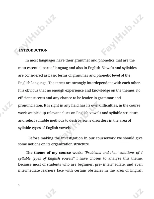 items. there we discuss knowledgeable and specific information about english vowels, syllable structure and 4 types of syllables in english and problems, solutions linking with the types of syllables within the main part of our course work. in bibliography, there are mentioned sources of which were used while compiling the present work. the tasks and aims of the coursework: to study and investigate the problems that occurs while learning process of 4 syllable types of english vowels and brush up students' skills on the english syllable structure by effective solutions that are offered and practiced by linguists and language scholars. coming out of this aim the following tasks were put forward: · to define the terms vowel and syllable · to explain why vowels and syllable structure an essential part of the english language · to investigate pronunciation problems of english vowels · to classify 4 main syllable types of …