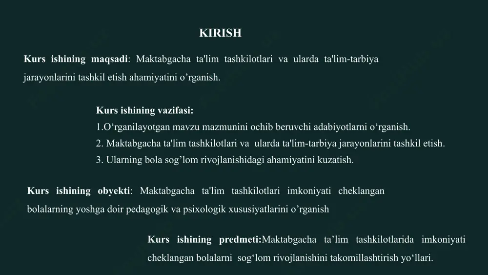 uv organlarining tuzilishi va vazifalari maktabgacha ta'limni boshqarish respublika, viloyat va shahar darajasida amalga oshiriladi. har bir darajadagi maktabgacha ta'lim sohasidagi siyosatni ishlab chiqish va amalga oshirish uchun mas'ul bo'lgan davlat va mahalliy hokimiyat organlari mavjud. boshqaruv organlarining asosiy vazifalariga maktabgacha ta'lim muassasalari faoliyatini litsenziyalash, ularning ishini nazorat qilish, moliyaviy va moddiy resurslarni taqsimlash, standartlar va ta'lim dasturlarini ishlab chiqish, kadrlar tayyorlash va malakasini oshirish kiradi. 5 maktabgacha ta'lim muassasalarini moliyalashtirish va resurslar bilan ta'minlash 30m byudjet rossiyadagi maktabgacha ta'lim muassasalarining yillik byudjeti taxminan 30 milliard rublni tashkil qiladi. 70% manbalar maktabgacha ta'lim muassasalarini moliyalashtirishning 70% dan ortig'i viloyat va shahar byudjetlari hisobidan amalga oshiriladi. 90% xarajatlar maktabgacha ta'lim muassasalari byudjetining qariyb 90 foizi xodimlarning ish haqi va ijtimoiy ehtiyojlarini to'lashga yo'naltiriladi. maktabgacha ta’lim muassasalarini moliyalashtirish va resurslar bilan ta’minlash maktabgacha ta’lim sifatiga ta’sir etuvchi asosiy omillardan biridir. moliyalashtirishning asosiy manbalari viloyat va shahar byudjetlari mablag'lari, shuningdek, ota-onalarning badallari hisoblanadi. …