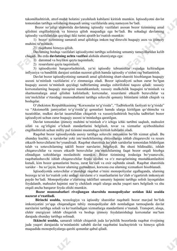 xizmat koʻrsatish va shu kabilarni oʻz zimmasiga oladi. beshinchidan, hozirgi sharoitda barqaror, izchil iqtisodiy oʻsishni ragʻbatlantirish vazifasi ham davlatning zimmasiga tushadi. iqtisodiyotni davlat tomonidan tartibga solishning maʻlum chegaralari ham mavjud boʻlib, ular ishlab chiqarish samaradorligiga davlatning taʻsiridan kelib chiqadi. iqtisodiyotga davlatning har qanday aralashuvi maʻlum xarajatlarni taqozo etadi. ularga eng avvalo tartibga solishni tashkil etish va amalga oshirish boʻyicha xarajatlarni kiritish mumkin. shuningdek, tartibga solishning u yoki bu shakli bozor muvozanati, ishlab chiqarish hajmi, resurslarning qayta taqsimlanishiga koʻrsatishi mumkin boʻlgan taʻsirni ham hisobga olish lozim. bunda tartibga solishni amalga oshirish bilan bogʻliq boʻlgan sarf-xarajatlarning miqdori davlatning iqtisodiyotni tartibga solishi natijasida olinadigan samaradan kam boʻlishi lozim. ularning nisbati davlatning iqtisodiyotga aralashuvi chegaralarini belgilab beradi. xx asrning 80-yillarida rivojlangan mamlakatlarda yangi konservativ konsepsiyalar asosida iqtisodiyotni davlat tomonidan tartibga solishni cheklash jarayonlari boshlandi. bunda tartibga solishning anʻanaviy shakllaridan voz kechildi, davlat mulkini xususiylashtirish yoʻli bilan davlat sektori ulushi qisqartirildi, xoʻjalik qarorlarini qabul qilishda …