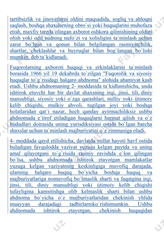 i vositachi orqali bunday chekinishni qaysi paytda to`xtatishi haqida ham xabar qilishi lozim. 14- moddada ko`rsatilishicha, sud va tribunallar oldida barcha shaxslar tengdir. har bir shaxs, unga qo`yilgan har qanday jinoiy ayblov ko`rib chiqilayotgan paytda yeki har qanday quqarolik muhokamasida uning huquq va majburiyatlarini belgilash paytida ishning qonun asosida tashkil etilgan vakolatli, mustaqil va odil sud tomonidan ko`rib chiqilishi huquqiga ega. demokratik jamiyatda ma`naviyat, ijtimoiy tartib yoki davlat havfsizligi mulohazalaridan kelib chiqqan holda yoki taraflarning shaxsiy hayotiga taaluqli manfaatlar talab qilgan taqdirda - sud qikri bo`yicha lozim deb topilgan darajada - jamoatchilik vakillari odil sudlov manfaatlarini bo`zishi mumkin bo`lgan alohida holatlarda, barcha sudlardagi ish ko`rishlarga yoki ularning bir qismiga matbuot xodimlari va jamoatchilik vakillari qo`yilmasliklari mumkin, lekin jinoiy yoki fuqorolik ishi bo`yicha o`ar qanday sud qarori ochiq bo`lishi lozim, balog`at yoshiga yetmaganlarning manfaatlari boshqacha holatni talab qilgan yoki ish, uylanish nizolari yoxud bolalarga vasiylik qilishga taaluqli bo`lgan holatlar bundan mustasnodir. …
