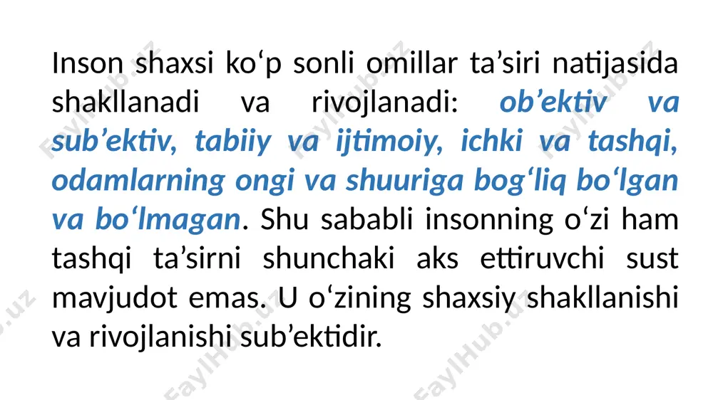 igan, o’z xatti- harakatlari bilan o’zgalar nafratini qo’zg’amaydigan xulq-atfordir. faoliyat jarayonida hosil bo’lgan malaka va odatlar axloq me’yorlariga rioya qilishni yengillashtiradi. tarbiya mazmuni nima??? tarbiya mazmuni deganda, qo‘yilgan maqsad va vazifalar bilan bog‘liqlikda ta’lim oluvchilarning egallashi lozim bo‘lgan bilim, malaka, e’tiqod, shaxs sifati va xarakteri, xulq-atvor tizimi tushuniladi. tarbiyaning maqsadi – har tomonlama barkamol shaxsni shakllantirish. tarbiyaning umumiy vazifalari:  jamiyat a’zolarining maqsadga yo‘naltirilgan rivojlanishi hamda ularning qator ehtiyojlarini qondirish uchun shart-sharoit yaratish;  jamiyat rivoji uchun zarur bo‘lgan ijtimoiy madaniyatga mos etarlicha hajmdagi “inson kapitali”ni tayyorlash;  madaniyatlarni uzatib turish orqali ijtimoiy hayotning barqarorligini ta’minlash;  ma’lum jins yoshi va ijtimoiy-kasbiy guruhlarning qiziqishlarini hisobga olgan holda ijtimoiy munosabatlar doirasida jamiyat a’zolarining harakatini tartibga solish. tarbiya jarayoni o‘qituvchi va ta’lim oluvchi (tarbiyachi va tarbiyalanuvchi)lar o‘rtasida tashkil etiluvchi hamda aniq maqsadga yo‘naltirilgan hamkorlik jarayonidir. tarbiya jarayoni o‘ziga xos xususiyatlarga ega:  maqsadga yo‘naltirilganligi;  ko‘p qirrali jarayon;  uzoq muddat davom …