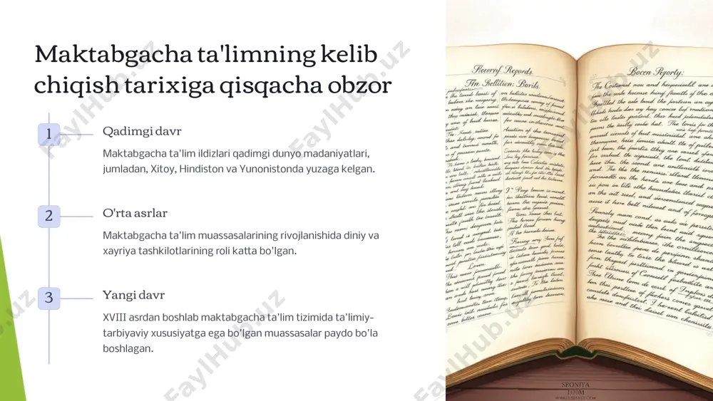 midagi islohotlar 1 siyosiy o'zgarishlar maktabgacha ta'lim tizimidagi islohotlar siyosiy tizim o'zgarishlariga bog'liq ravishda amalga oshirilgan. 2 qonunchilik islohotlari maktabgacha ta'lim sohasidagi qonunlar va normativ-huquqiy hujjatlar muntazam yangilanib kelmoqda. 3 tizimiy o'zgarishlar maktabgacha ta'lim muassasalari tarmog'i, moliyaviy ta'minot va kadrlar tayyorlash sohasida islohotlar amalga oshirilmoqda. 6 maktabgacha ta'lim muassasalarining xususiyatlari bolalar markazlashganligi maktabgacha ta'lim muassasalarida bolalarning qiziqishlari, ehtiyojlari va imkoniyatlarini hisobga olish muhim. o'yin-mashg'ulotlar maktabgacha ta'lim jarayonida o'yin-mashg'ulotlar yetakchi o'rin egallaydi. individual yondashuv har bir bola rivojlanishining o'ziga xos xususiyatlari e'tiborga olinadi. yosh bosqichlari maktabgacha ta'lim muassasalari turli yoshdagi bolalar uchun mo'ljallangan. 7 maktabgacha ta'lim dasturlari va pedagogik yondashuvlar modulli dastur bolalarning yosh xususiyatlarini hisobga olgan holda modullardan tashkil topadi. rivojlantiruvchi dastur bolalarning jismoniy, intellektual va ma'naviy-axloqiy rivojlanishini ta'minlaydi. maktabga tayyorlov dasturi bolalarni maktabga o'tish uchun kerakli ko'nikmalar bilan qurollantiradi. mavzuli dastur bolalarning qiziqishlaridan kelib chiqqan holda mavzular asosida tuziladi. 8 maktabgacha ta'lim tizimini rivojlantirishning zamonaviy yo'nalishlari 1 texnologik yondashuvlar …