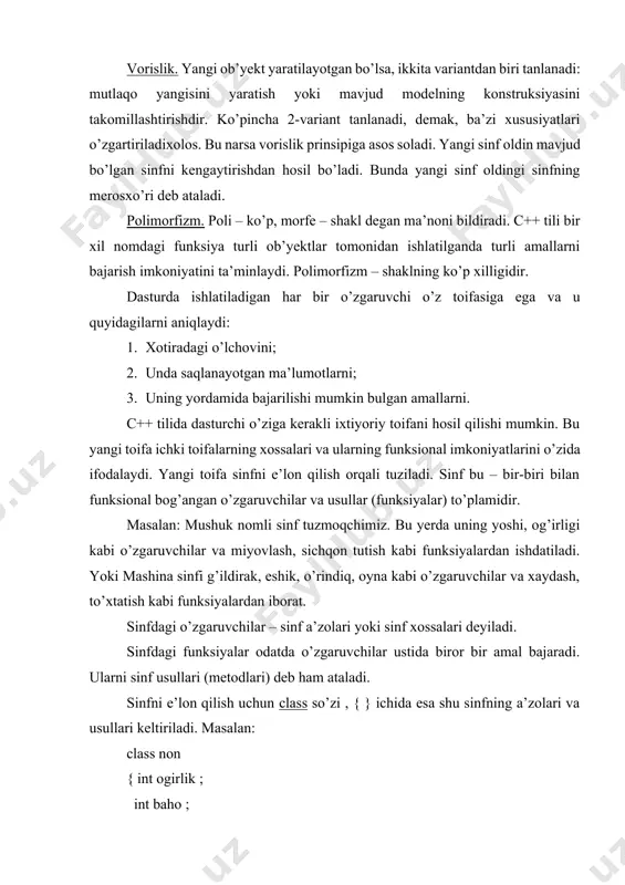 lar va usullar (funksiyalar) to’plamidir. masalan: mushuk nomli sinf tuzmoqchimiz. bu yerda uning yoshi, og’irligi kabi o’zgaruvchilar va miyovlash, sichqon tutish kabi funksiyalardan ishdatiladi. yoki mashina sinfi g’ildirak, eshik, o’rindiq, oyna kabi o’zgaruvchilar va xaydash, to’xtatish kabi funksiyalardan iborat. sinfdagi o’zgaruvchilar – sinf a’zolari yoki sinf xossalari deyiladi. sinfdagi funksiyalar odatda o’zgaruvchilar ustida biror bir amal bajaradi. ularni sinf usullari (metodlari) deb ham ataladi. sinfni e’lon qilish uchun class so’zi , { } ichida esa shu sinfning a’zolari va usullari keltiriladi. masalan: class non { int ogirlik ; int baho ; void yasash ( ); void yopish ( ); void eyish ( ); } sinfni e’lon qilishda xotira ajratilmaydi. sinf e’lon qilinganda kompilyator faqat shunday (non) sinf borligini, hamda unda qanday qiymatlar (ogirlik, baho) saqlanishi mumkinligini, ular yordamida qanday amallarni (yasash, yopish, yeyish) bajarish mumkinligi haqida xabar beradi. bu sinf ob’yekti hammasi bo’lib 4 bayt joy egallaydi (2 ta int). …